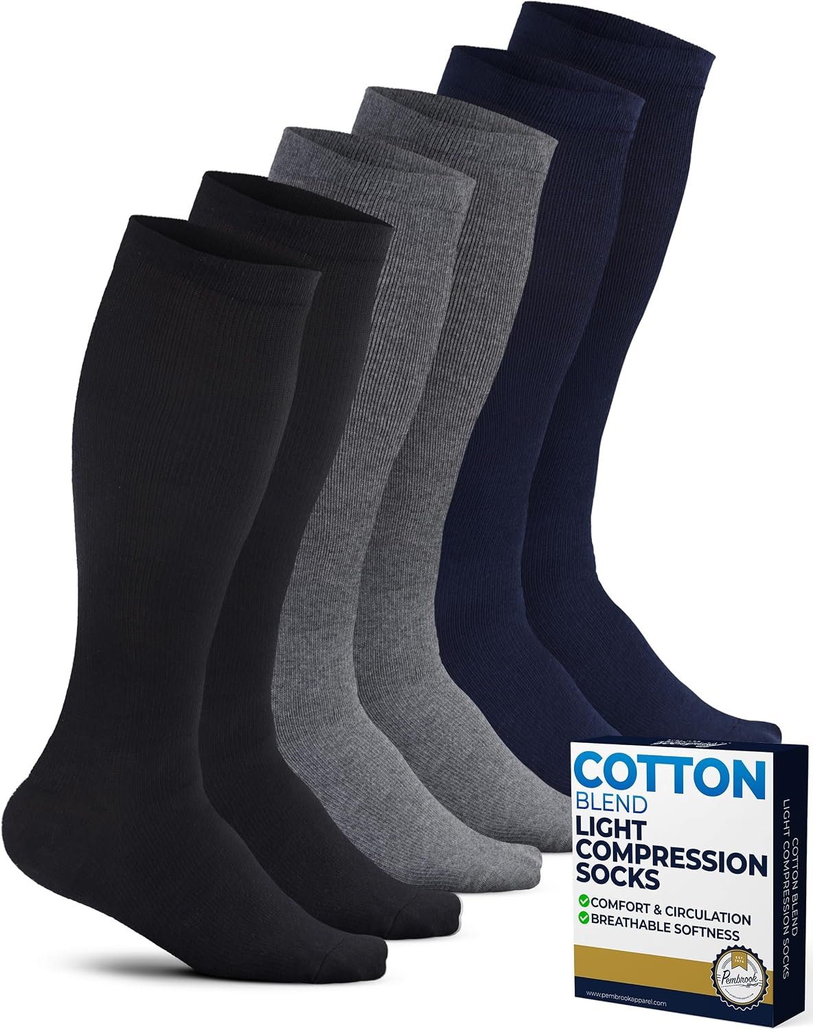 Pembrook Cotton Light Compression Socks for Women & Men – 3 Pairs | 8-15 mmHg Comfort Compression Socks for Men & Women