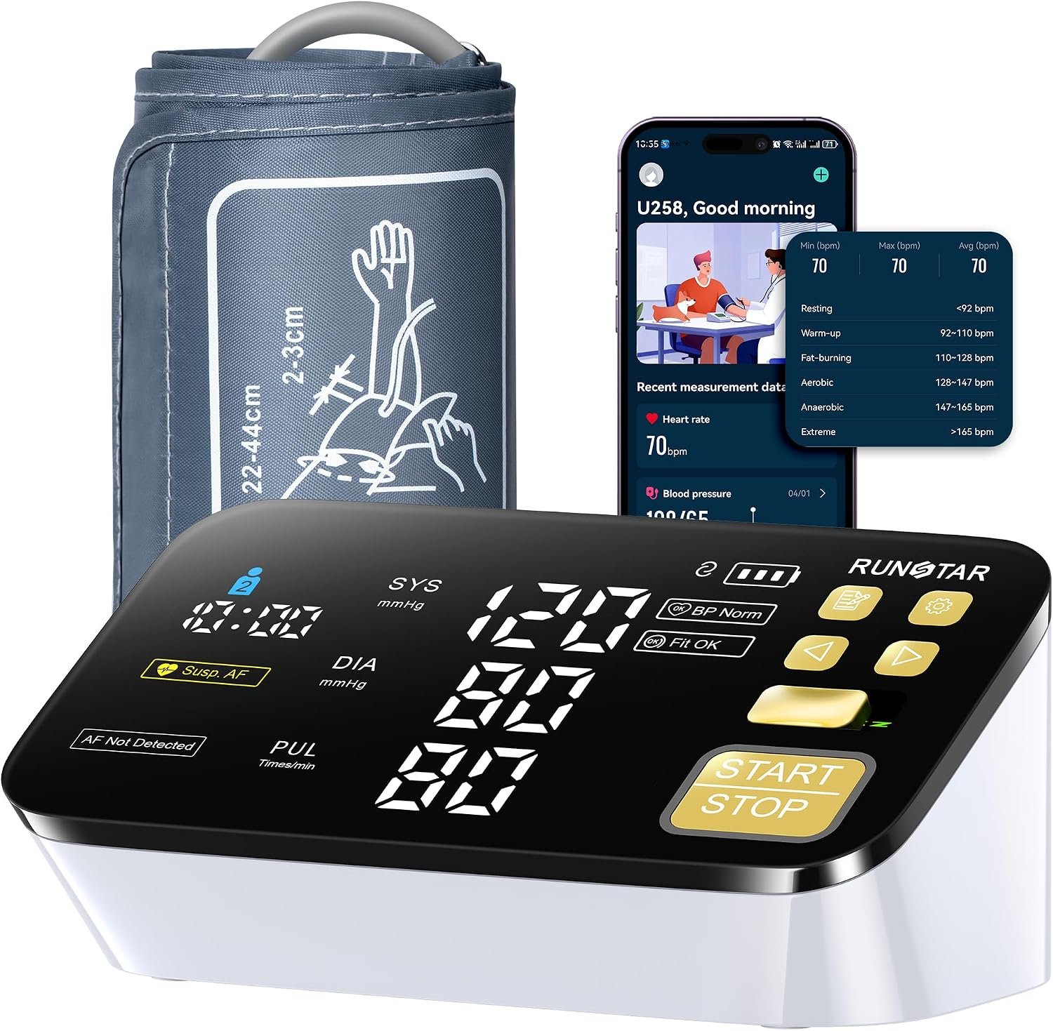RunStar Smart Blood Pressure Monitor for Home Use, with Wide Upper Arm Blood Pressure Cuff (8.6” -17.3”), FSA&HSA Eligible, 6.5” Clear LED Display, AFib Detection, Connect App for iOS & Android