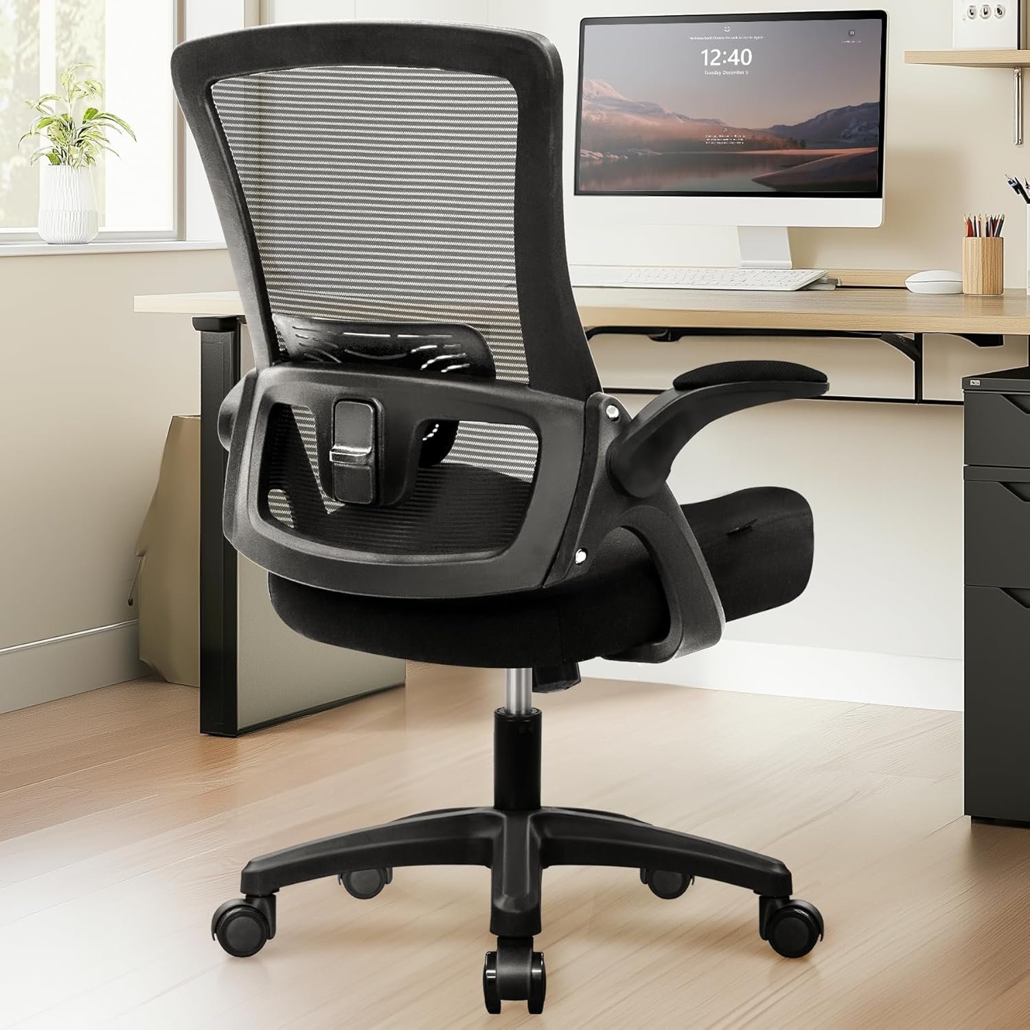 NEO CHAIR Office Desk Gaming Chair Computer High Back Mesh Seat with Rolling Wheels Ergonomic Adjustable Comfy Flip-up Armrests Lumbar Support Height for Home (Black)