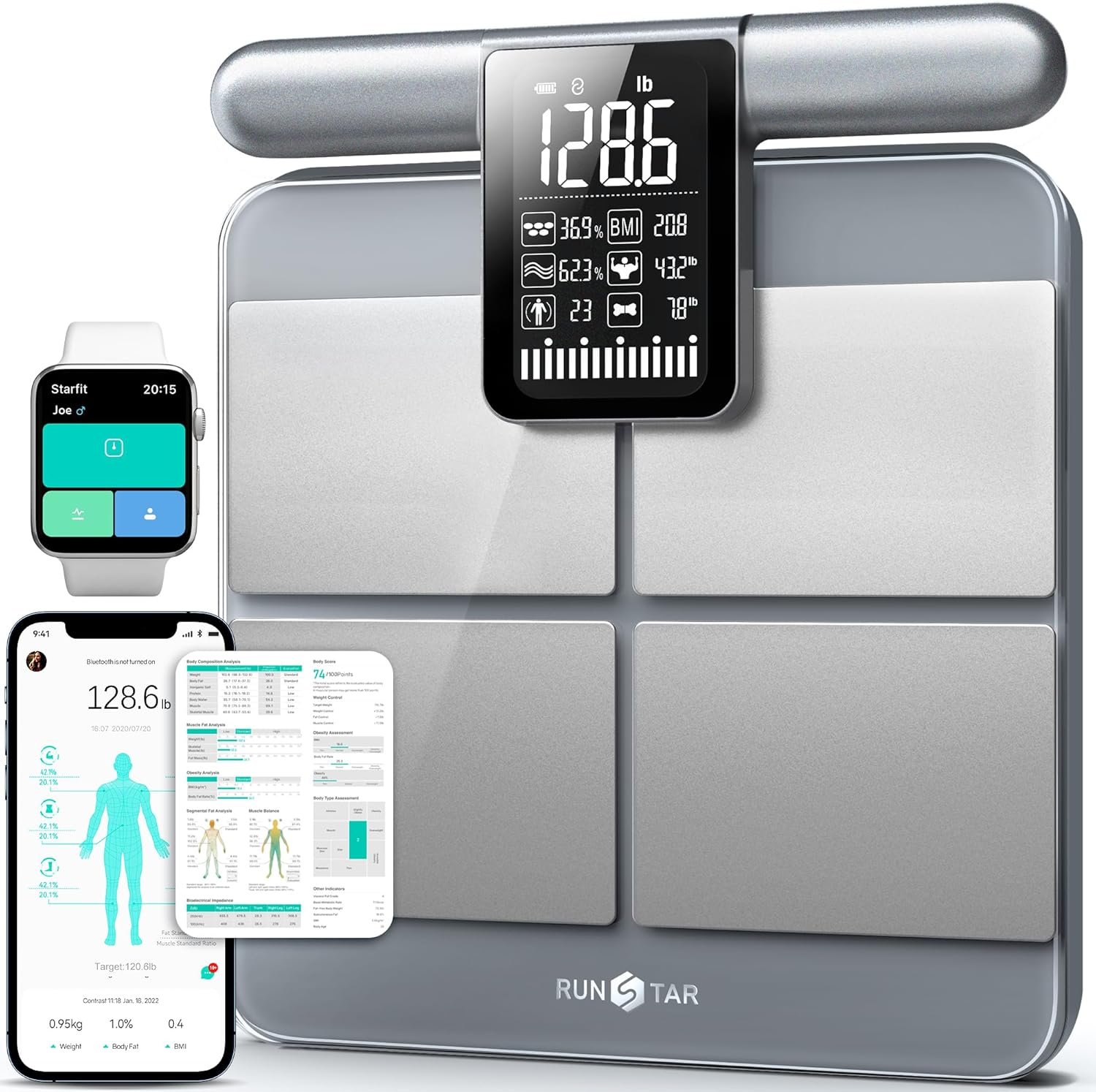 RunStar 8-Electrode Scale for Body Weight, Accurate Body Composition Scale with BMI Body Fat Muscle Mass 50+ Metrics, Rechargeable Body Analyzer with Large Screen Handle, 400lb, Silver