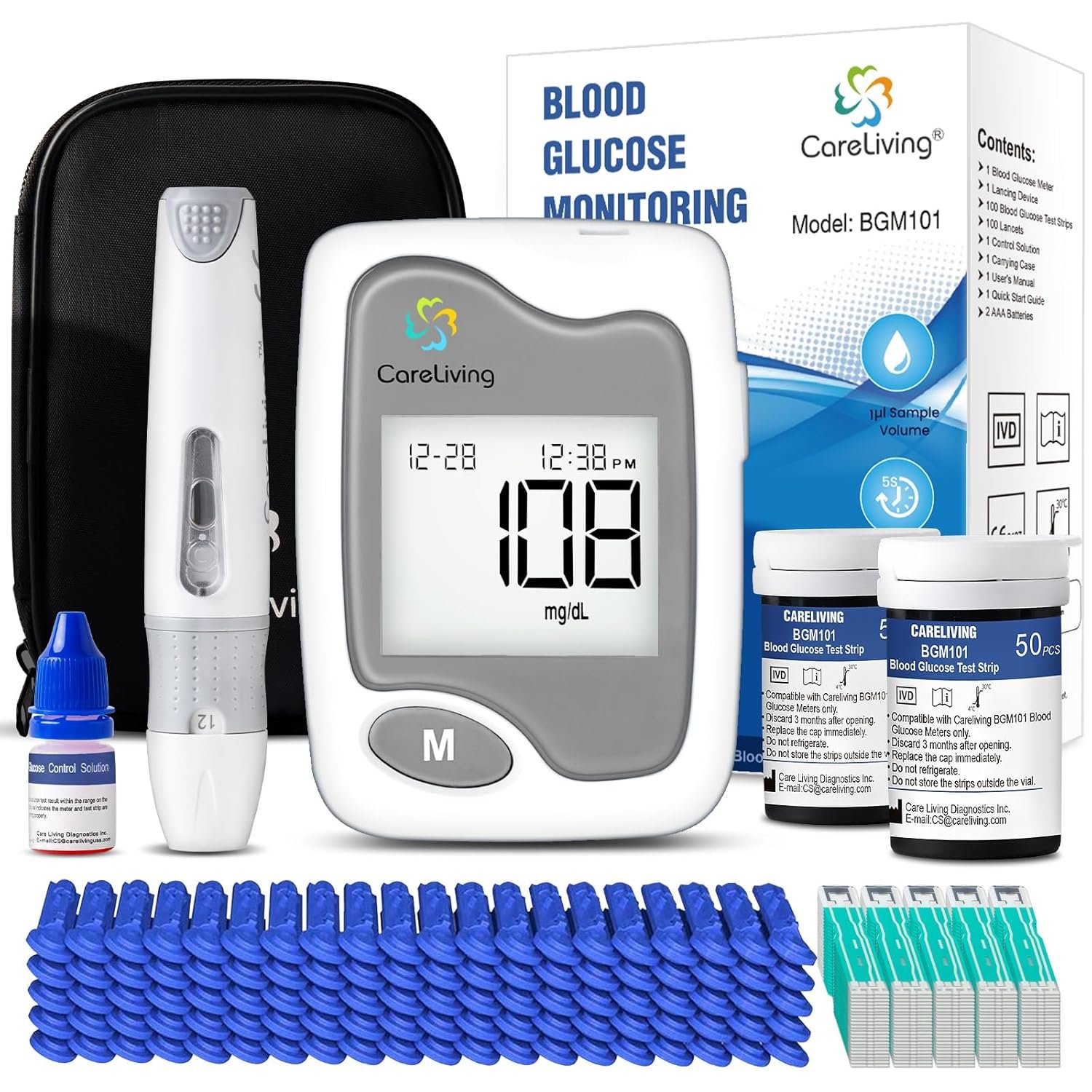 CareLiving BGM101 Blood Glucose Monitor Kit, 100 Test Strips, 100 Lancets, 1 Blood Glucose Meter, 1 Lancing Device, Diabetes Testing Kit, Portable Blood Sugar Test Kit, Glucometer Kit for Home