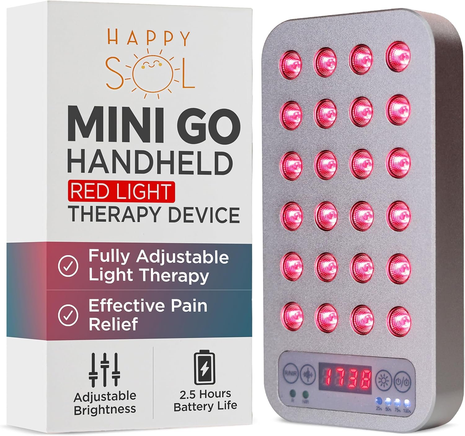 Happy Sol The Mini Go Handheld Red Light Therapy Device, 24 LEDs, 5 Brightness Levels, Adjustable Frequencies, Rechargeable Battery, Red and Infrared Light Therapy, On The Go Light Therapy, Gray