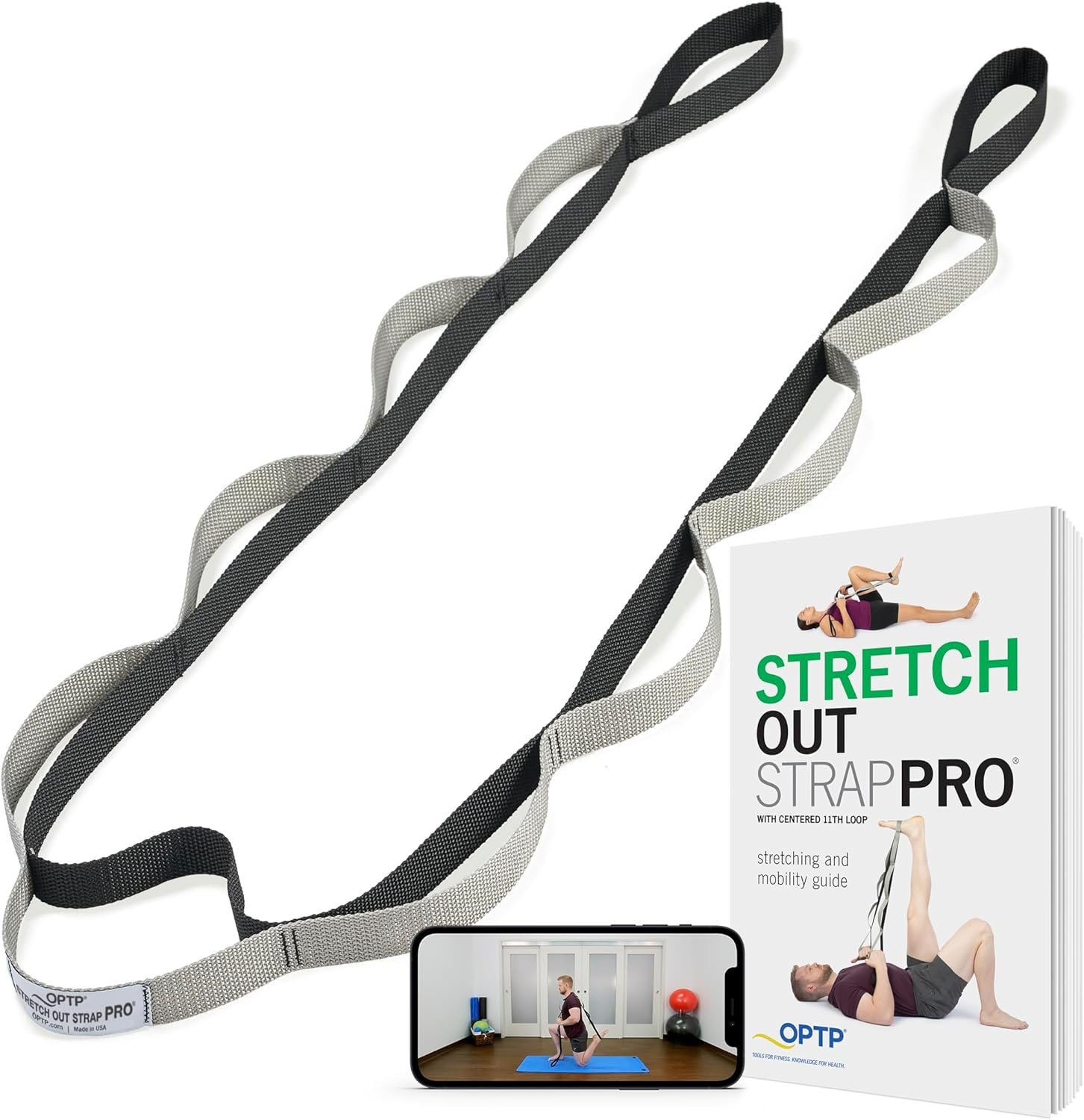 OPTP Stretch Out Strap Pro with Stretching Exercise Book, 11 Loop Stretching Strap for Yoga and Pilates, Physical Therapy Strap for Leg and Knee Recovery. Made in the USA