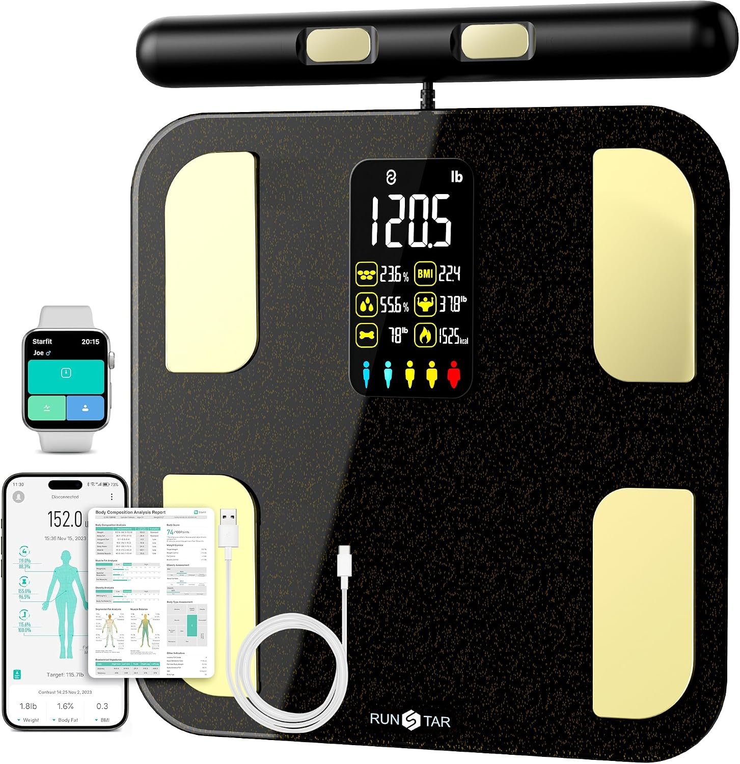 RunStar Scale for Body Weight, 8 Electrodes High Accurate Rechargeable Composition Analyzer with BMR Index Body Fat Digital Scale Composition Muscle & Fat Measurement Large Display 400lb