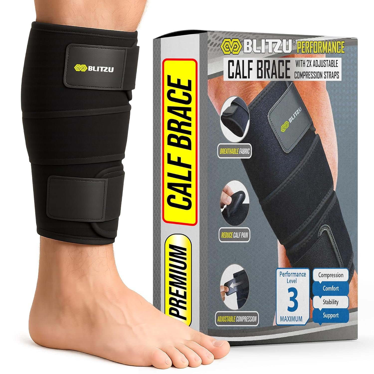 BLITZU Calf Brace for Torn Calf Muscle, Adjustable Neoprene Compression Sleeve for Women, Men, Runners. Support Wrap for Shin Splints, Strain, Tear, Lower Leg Tibia Injury, and Pain Relief. S-M