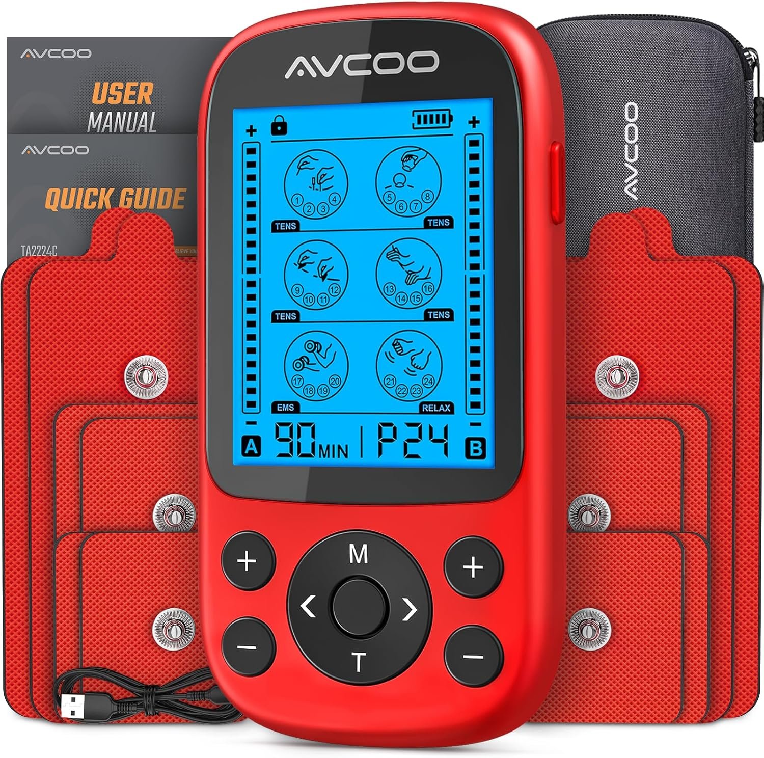 AVCOO 3-in-1 TENS Unit Muscle Stimulator for Pain Relief, 24 Modes, EVA Bag | Electronic Massager Machine with 40 Levels for Gradual Shoulder, Neck, Lower Back Pain Relief, Physical Therapy, 12 Pads, Red