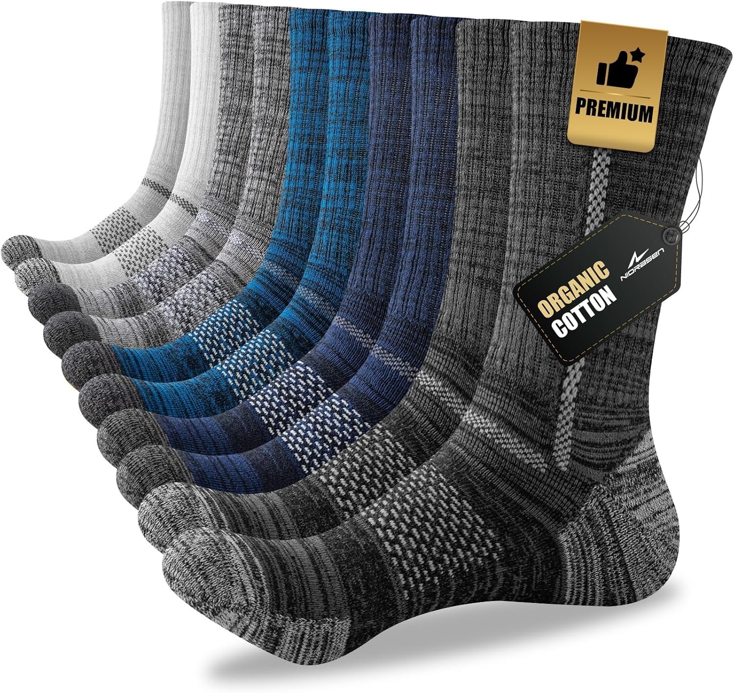 Niorasen Men’s Cotton Crew Work Socks, 5 Pairs Cushioned Boot Moisture Athletic Socks for Hiking Sports Running