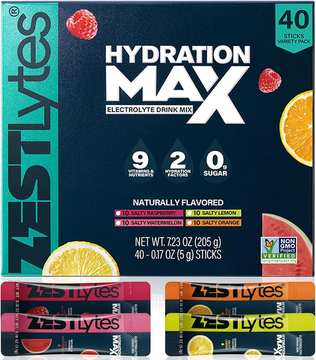 40 Sticks Salty Fruit Sugar Free Electrolyte Hydration Packets, High Sodium Low Calorie Electrolyte Powder Drink Mix, Liquid Daily IV Flavors Salty Watermelon Raspberry Lemon Orange