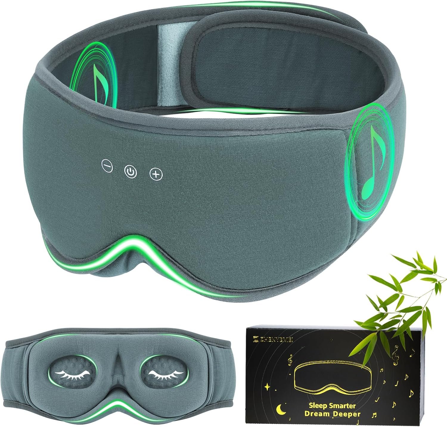 Bamboo Cotton Large Sleep Mask with Bluetooth Wireless Headphones – Blackout Eye Mask for Sleeping 3D Contoured Sleep Eye Cover Headband Ear Plugs Low Noise Hook for Men Women Better Experience (Grey)