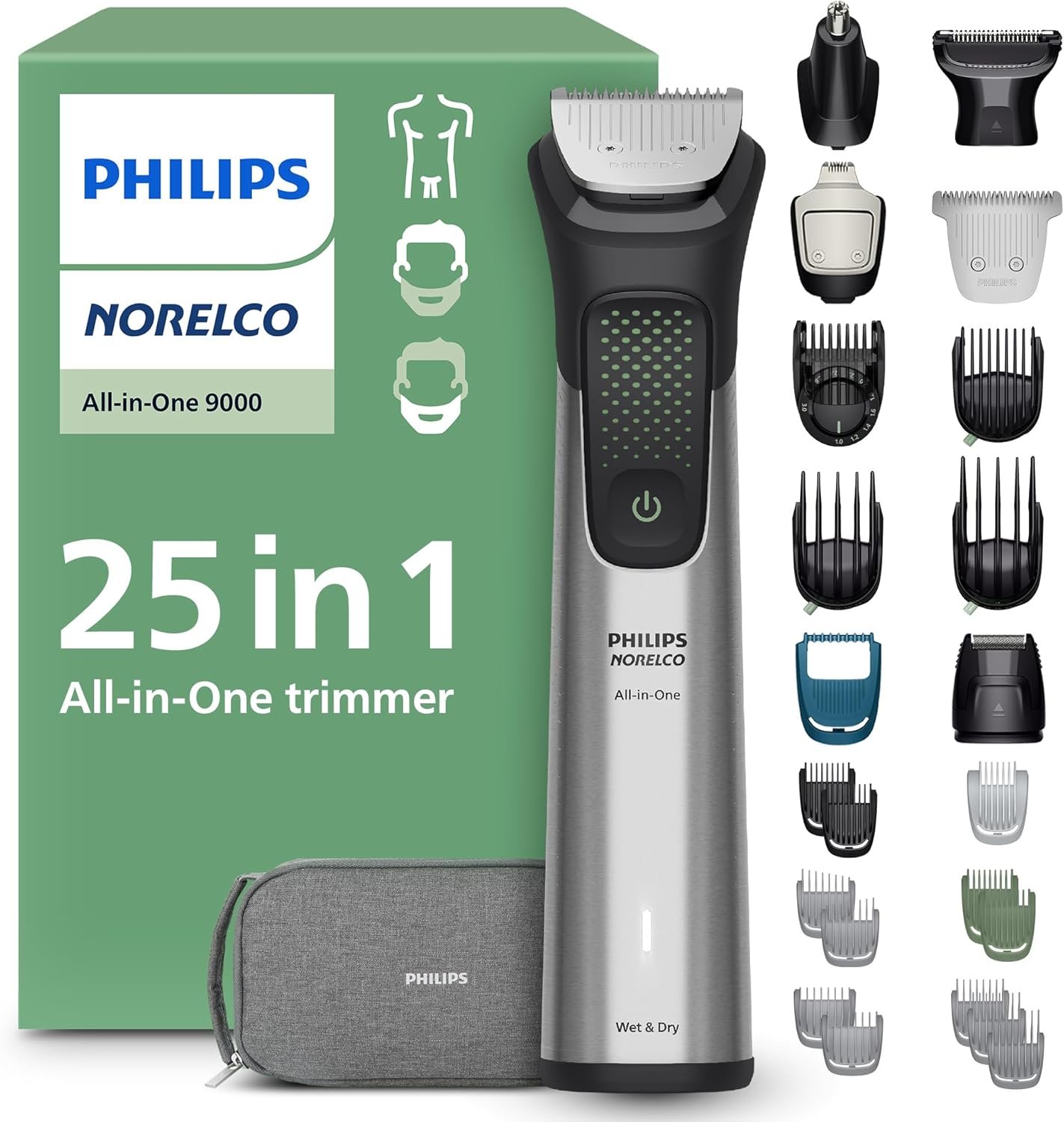 Norelco Philips All-in-One 9000 Series 25-Piece Trimmer – Electric Shaver and Clipper for Face, Beard, Head & Body, Self-Sharpening Full Metal Blades, 27 Length Settings (0.5-20 mm), MG9580/40