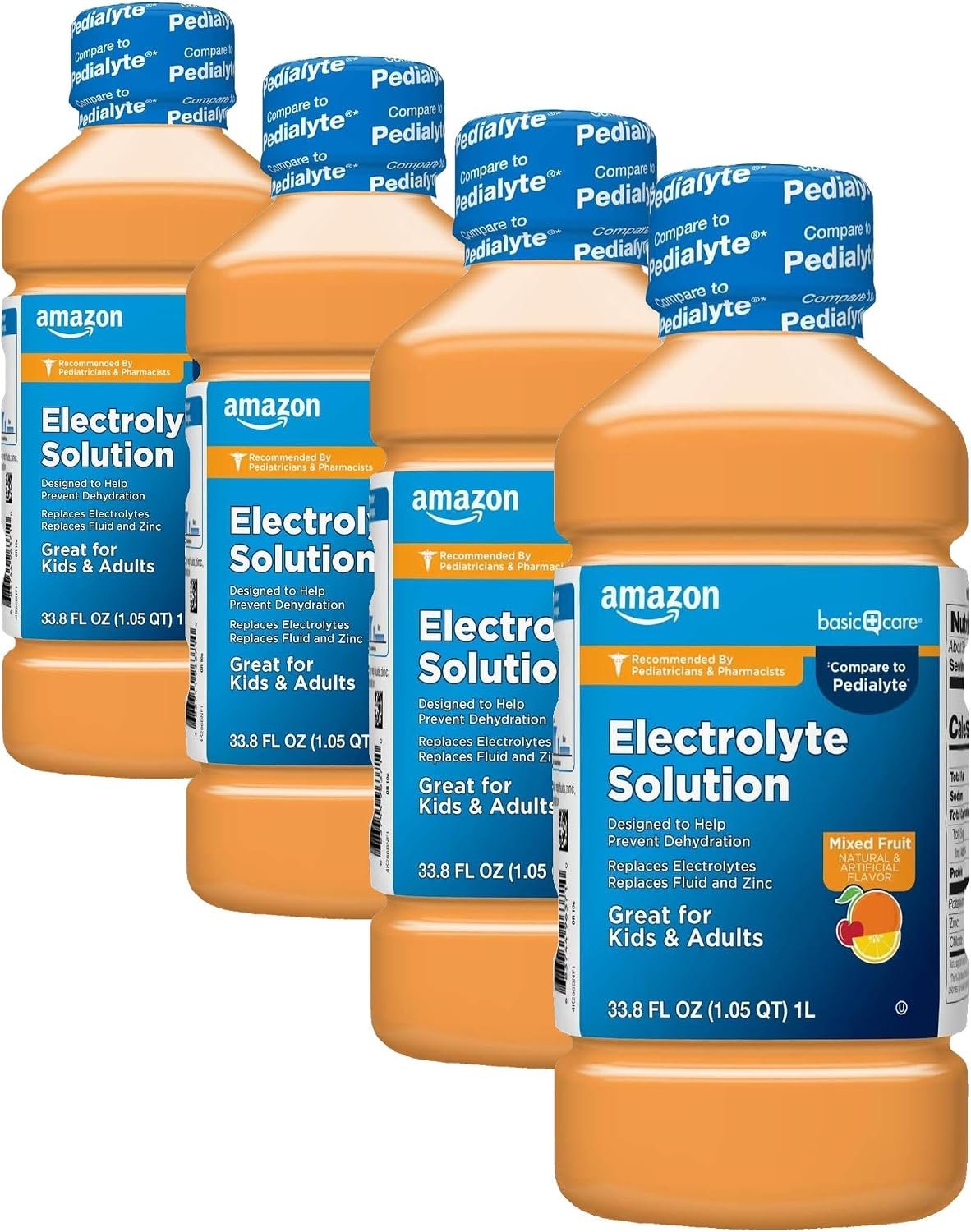 Amazon Basic Care Electrolyte Solution, Mixed Fruit, Designed to Prevent Dehydration, Replaces Electrolytes, Fluid and Zinc, 33.8 fl oz (Pack of 4)