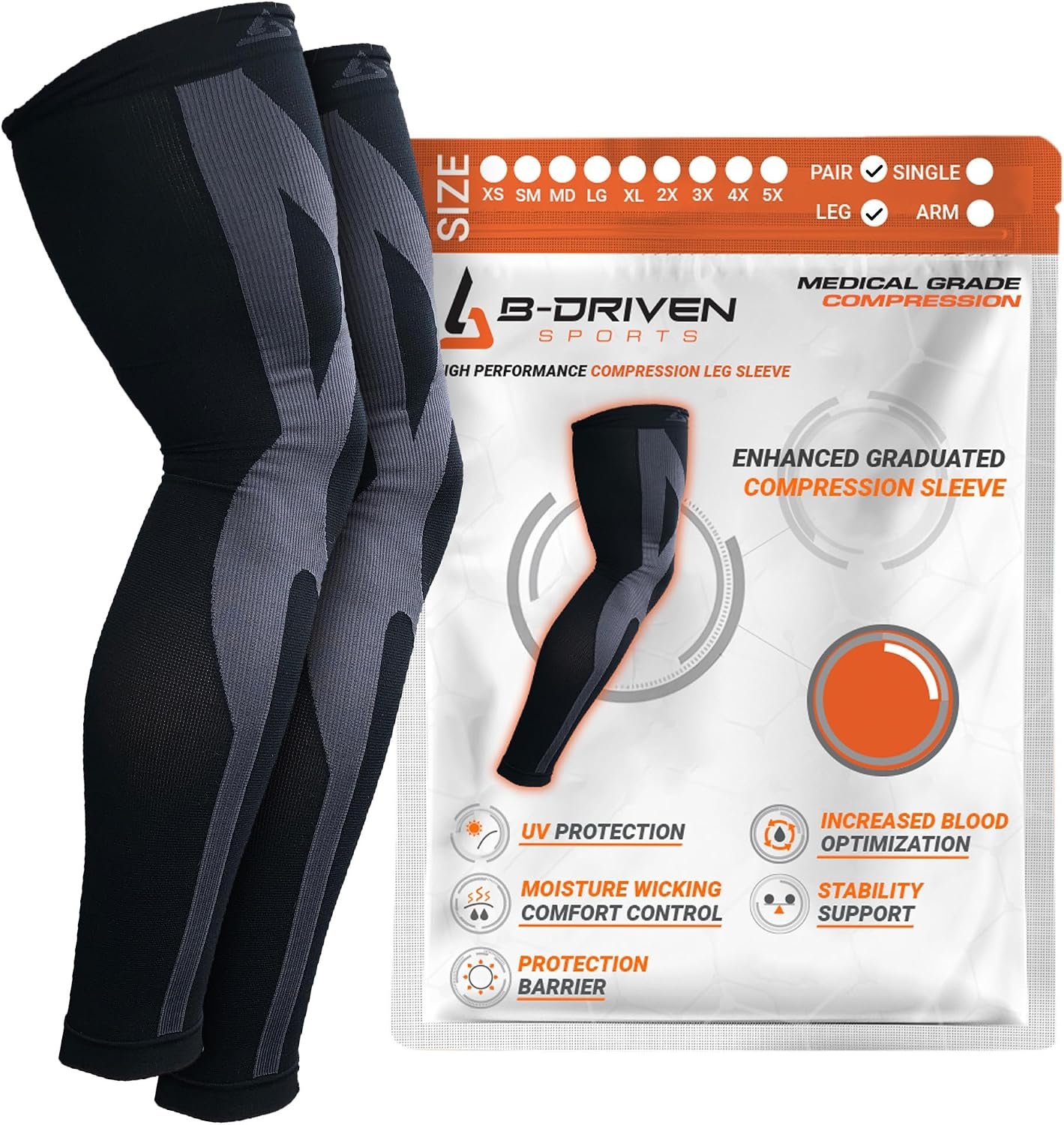 B-Driven Sports Full Leg Compression Sleeves, Graduated Compression 20-30mmHg, Thigh to Ankle, Medical Grade, Calf, Knee, Varicose Veins, Running, Sports, Men & Women – 1 Pair