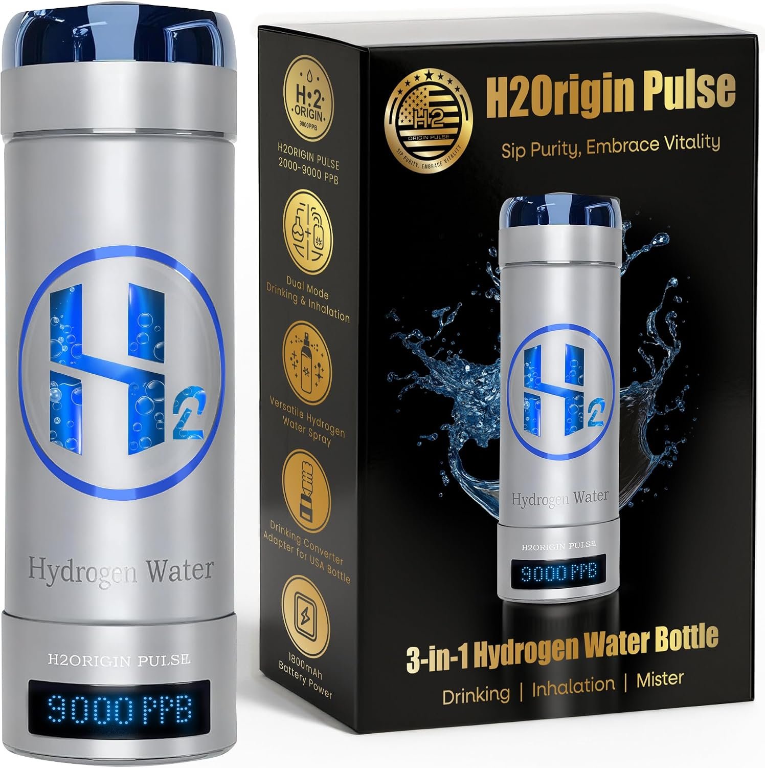 Hydrogen Water Bottle Generator, Up to 9000 PPB Hydrogen Bottle Water Ionizer with SPE/PEM Technology, 3-in-1 Portable Universal Adapter and Refreshing Mist Spray