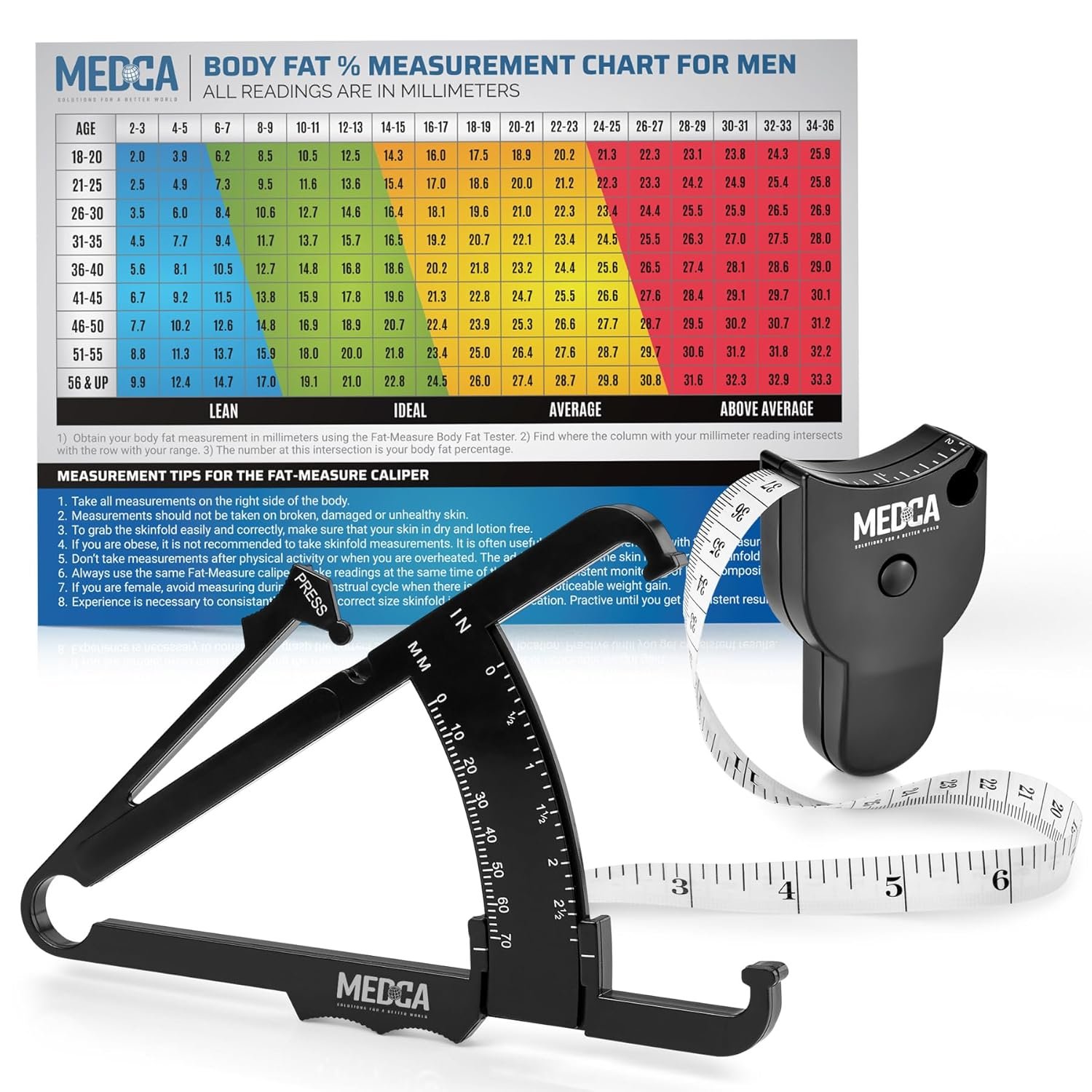 MEDca Body Fat Caliper and Measuring Tape for Body – Skinfold Calipers and Body Fat Tape Measure Tool for Accurately Measuring BMI Skin Fold Fitness and Weight-Loss, (Black)