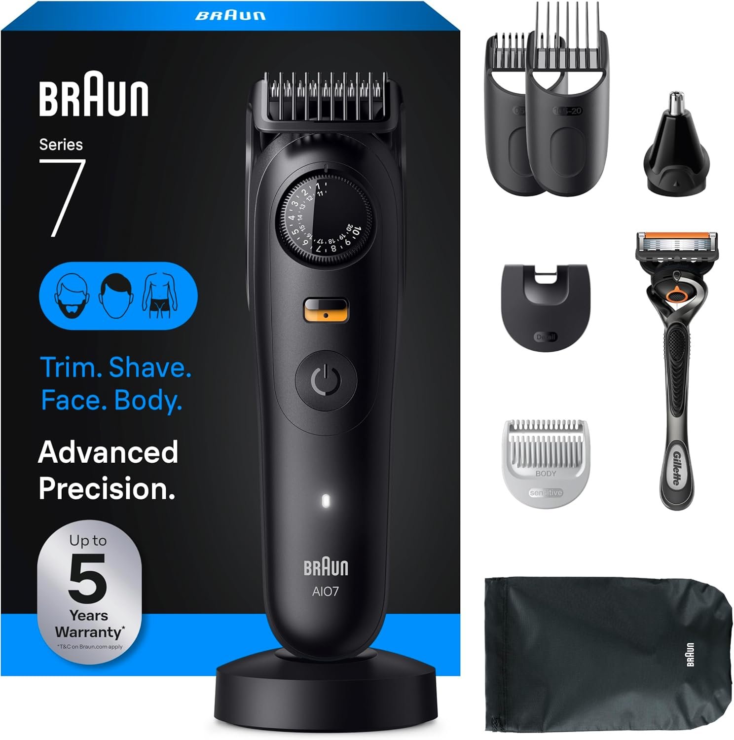 Braun All-in-One Series 7 Men’s Electric Beard Trimmer, Hair Clipper, Shaver & Razor for Face, Hair & Body, All-in-One AIO 7535 with Gillette ProGlide Razor, Cordless