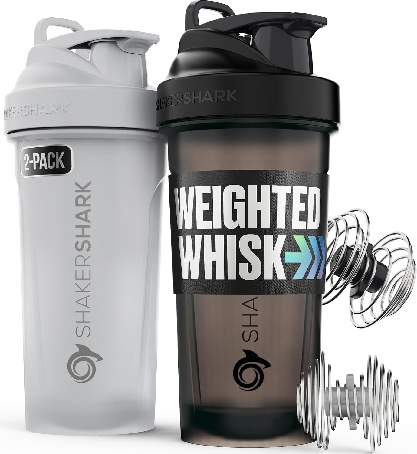 Hydra Cup ShakerShark – 2 Pack 28 oz Protein Shaker Bottles for Protein Mixes with 2 Weighted Wire Whisks, Leak Proof Shaker Cups for Protein Shakes and Pre Workout (Grey/Black)