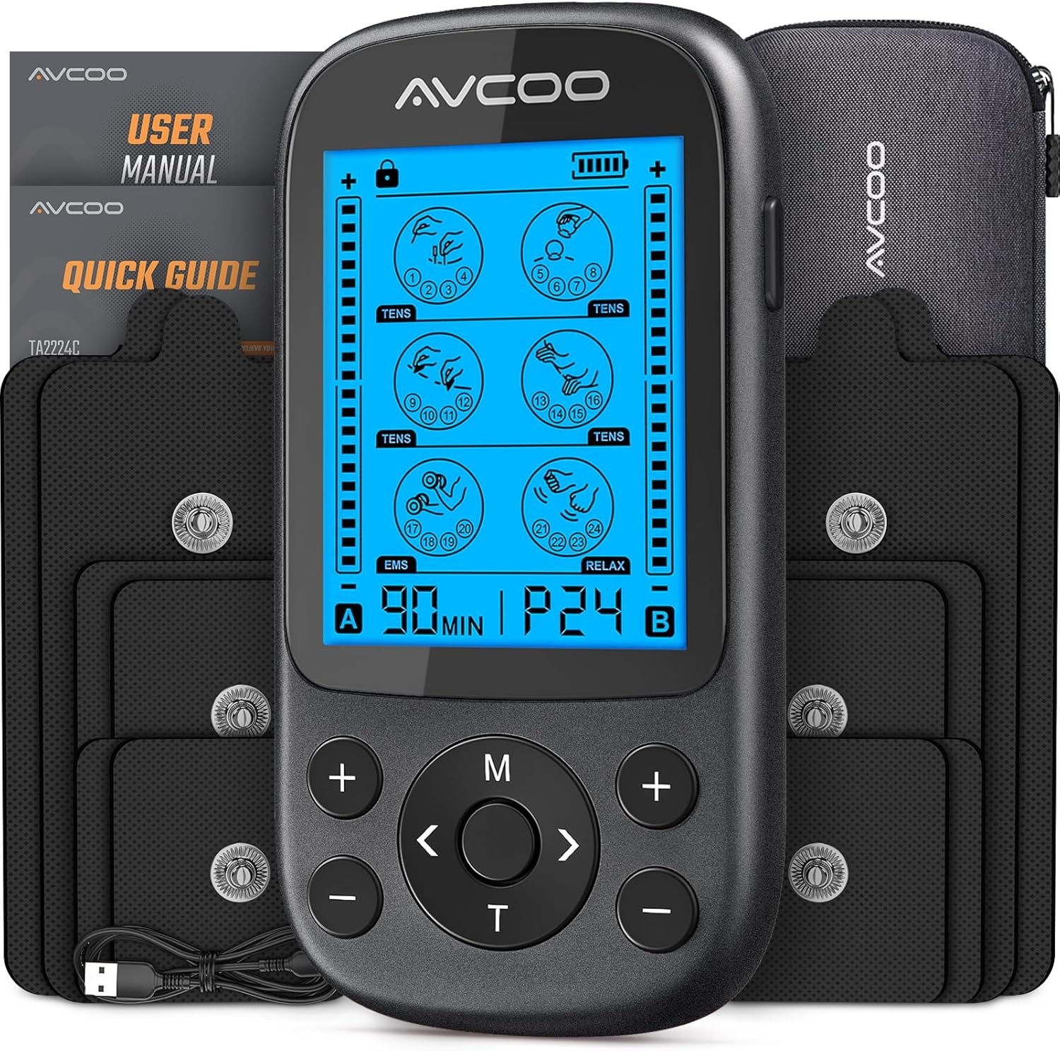 AVCOO 3-in-1 TENS Unit Muscle Stimulator,EMS Massager Machine with 24 Modes & 40 Levels for Shoulder, Back, Neck, Sciatica Pain Relief, Portable-Size Electronic Pulse Massager with 12 Pads, EVA Case