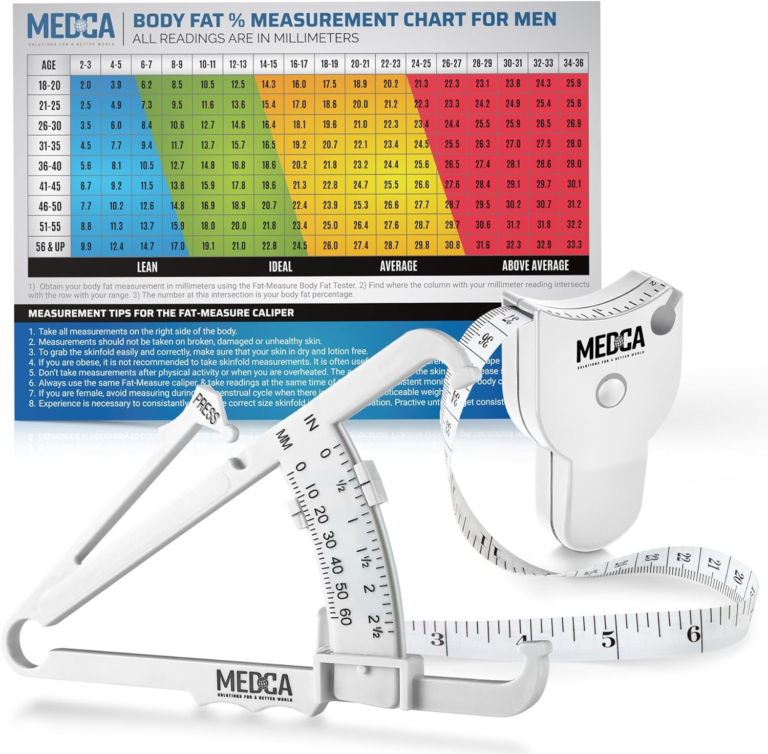 Body Fat Caliper and Measuring Tape for Body – Skinfold Calipers and Body Fat Tape Measure Tool for Accurately Measuring BMI Skin Fold Fitness and Weight-Loss (White)