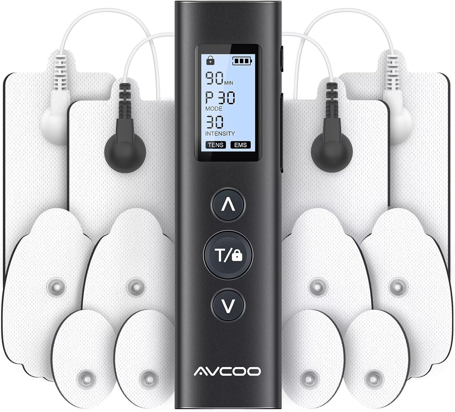 AVCOO 30 Modes TENS EMS Unit Muscle Stimulator for Pain Relief, 12 Pcs Pads | Compact Dual Channel EMS Muscle Stimulator for Back, Shoulder, Neck Pain Relief, Physical Therapy, 30 Intensity Levels