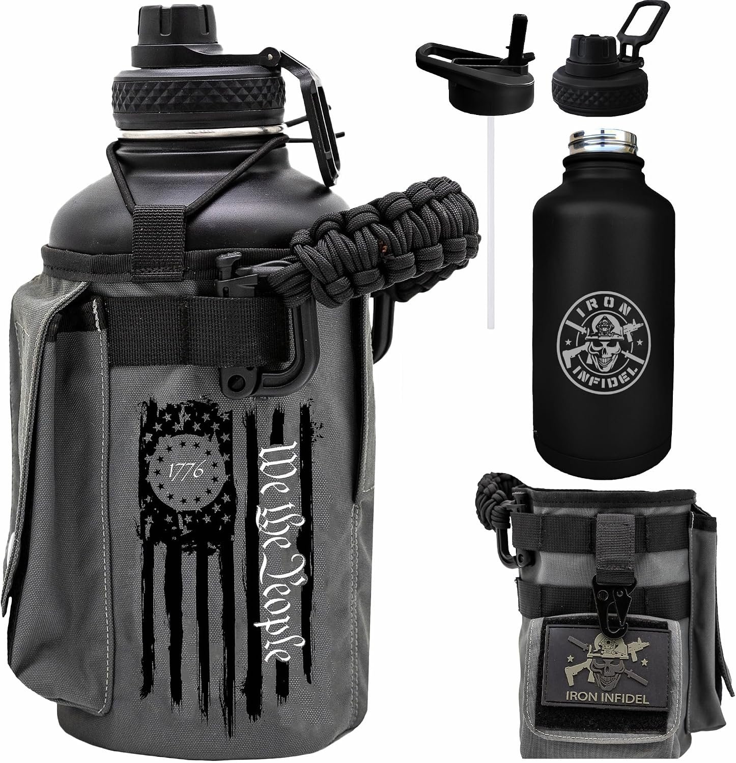 Iron Infidel Battle Bottle – Half Gallon Water Bottle Insulated, 64 oz Stainless Steel Water Jug with Paracord Handle – Gym Flask for Men with Rugged Sleeve for Storage (Betsy Ross 2 Liter)
