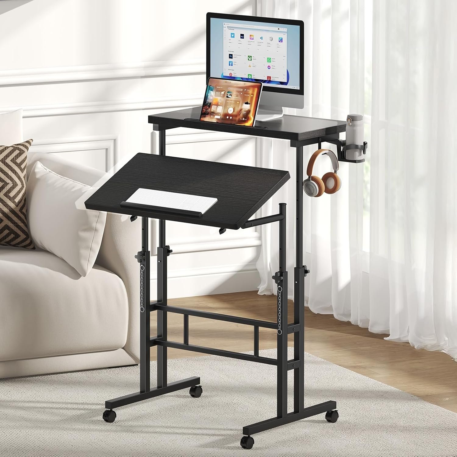 DUMOS Split Top Rolling Standing Desk 23.6 Inch Mobile Laptop Workstation Manual Height Adjustable Sit Stand Office Table Walking Pad Study Surface Portable Home Office Computer Cart Black