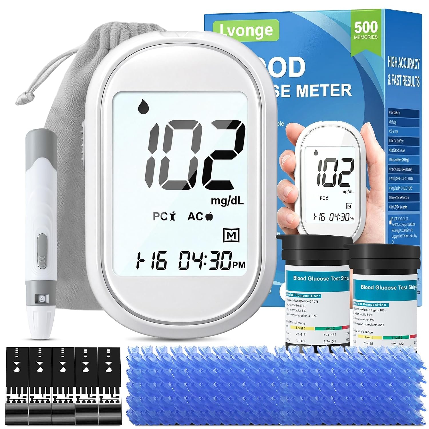 Glucose Monitor Kit – All-in-One Blood Sugar Monitor with 100 Test Strips & Lancets, High Accuracy Glucose Monitor, Large Bright Screen, PC/AC/CTL Mode, No Coding, Diabetes Testing Kit for Home