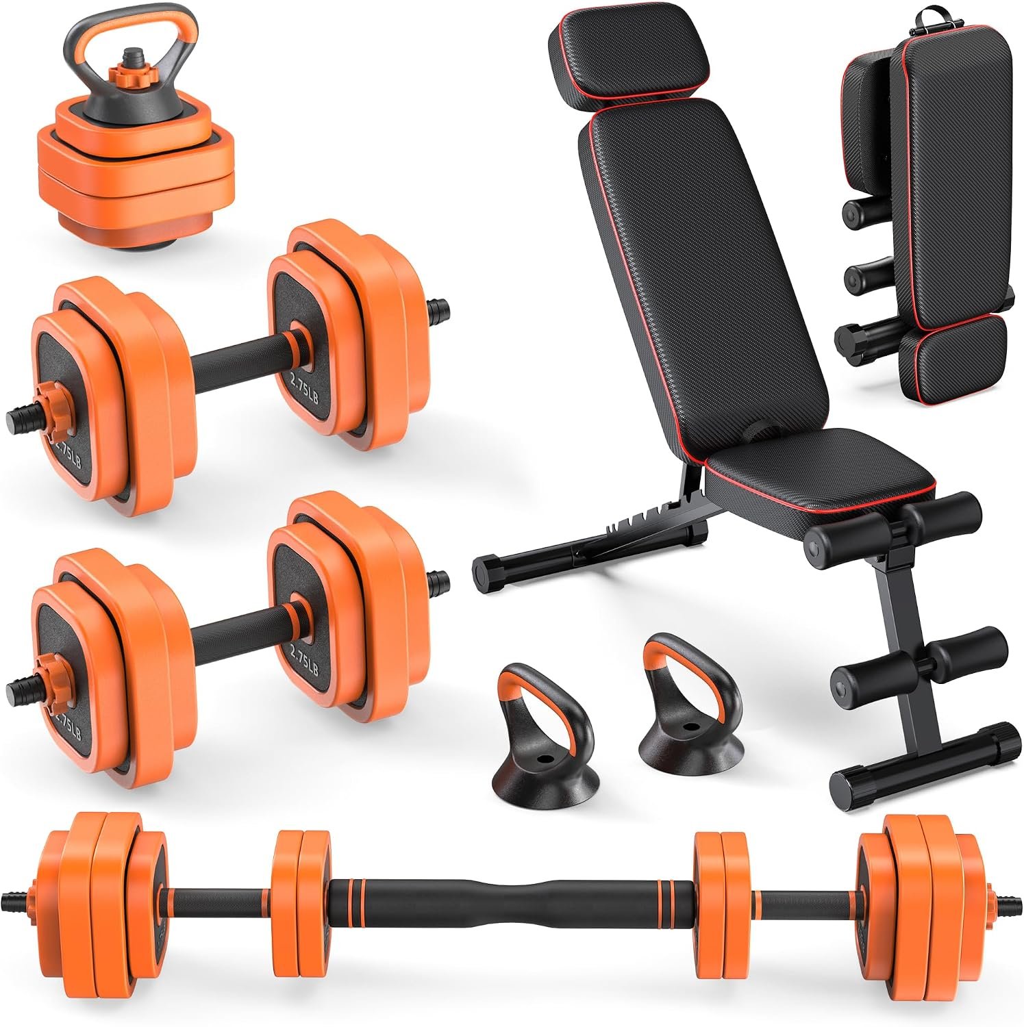 Rendpas 4-in-1 Adjustable Dumbbell Set with Foldable Weight Bench, Convert to Barbell Kettlebell Push-Up Stand, 800LBS Bench 10 Angles Incline Decline Flat, Home Gym Weight Set