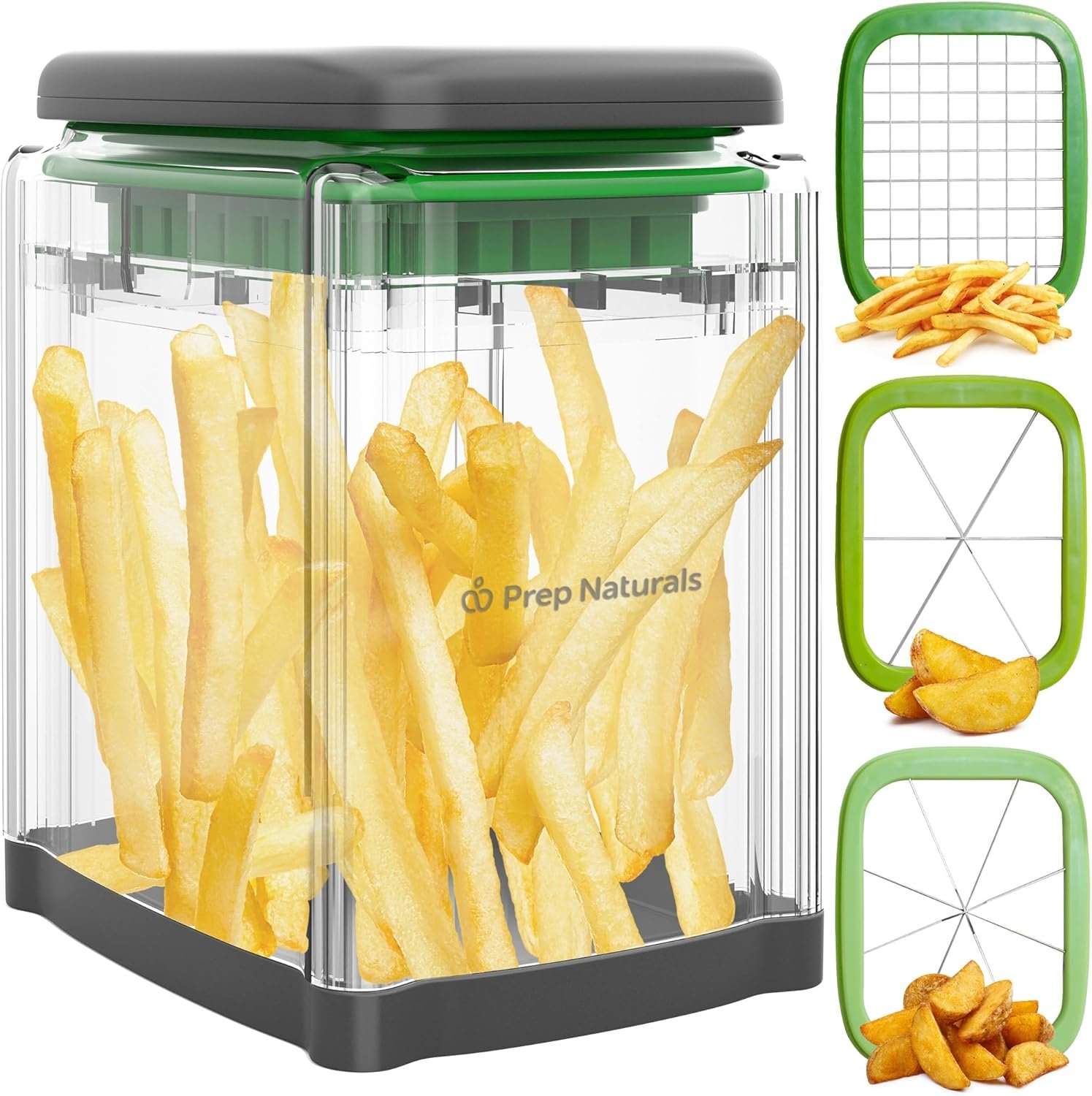 Prep Naturals 3-in-1 Manual French Fry Cutter – Interchangeable Blades for Potato Cutter & Fry Slicer – Functions as Potato Dicer & Food Dicer – Includes Safety Glove – Medium, Gray