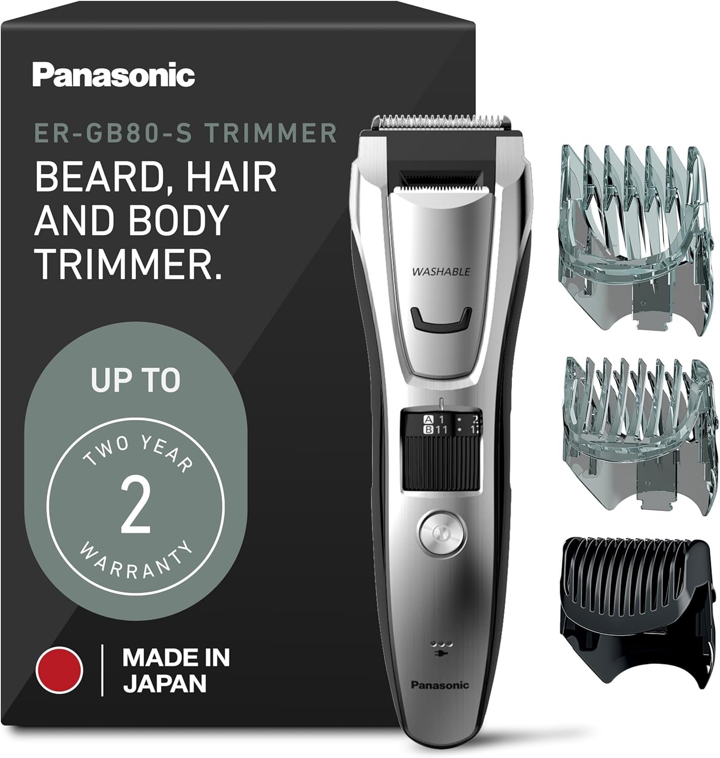 Panasonic Multi-Groomer Electric Beard Trimmer for Men, Men’s Trimmer for Beard, Hair and Body, 39 Trim Length Settings with 3 Attachments, Corded/Cordless Operation – ER-GB80-S (Silver)