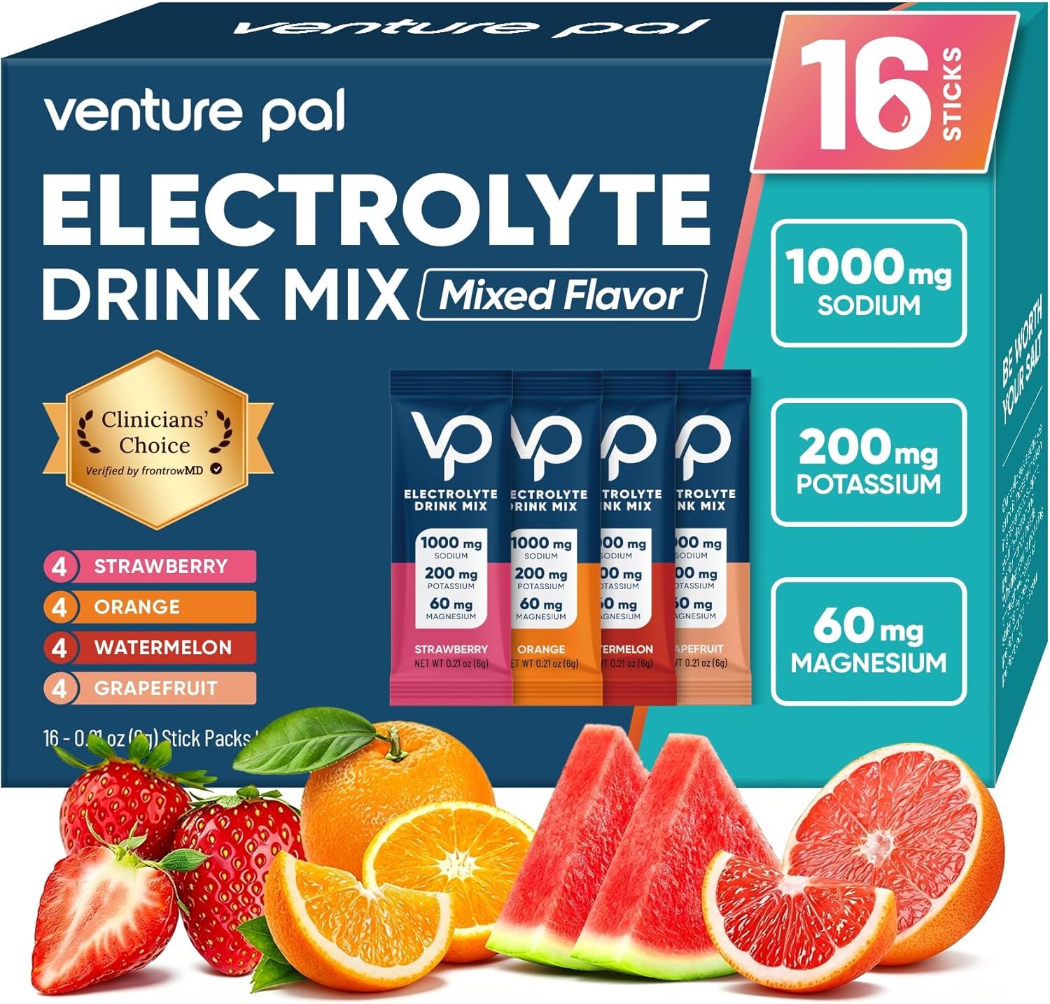 Venture Pal High Sodium Sugar Free Electrolytes Powder Packet – Hydration Packets with Vitamin, Sodium & Potassium | Zero Calories | Vegan, Keto & Paleo Friendly Electrolyte Drink Mix – 16 Sticks