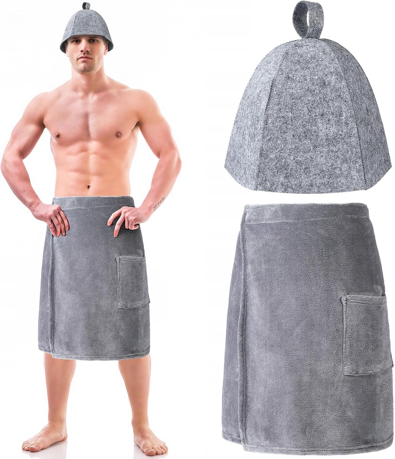 Gilprop Sauna Hat with Towels Sauna Accessories Set for Men Felt Wool Vaporarium Cap Terry Shower Wrap Collection Adjustable with Pocket for Bath Accessories(Gray)