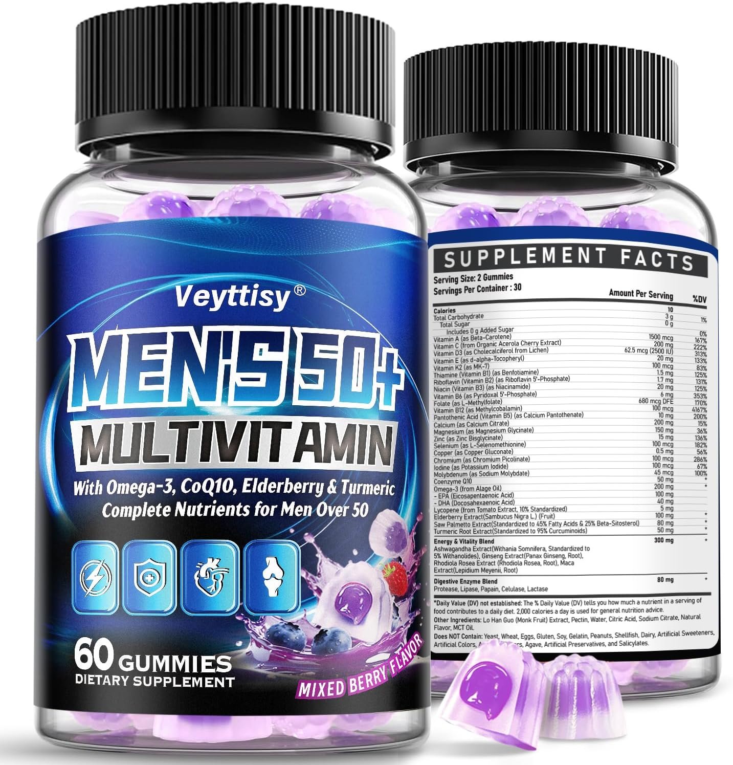 Sugar Free Multivitamin Gummies for Men 50 Plus – Methylated Multivitamin with Omega-3, CoQ10, Elderberry & Turmeric for Energy, Immune, Gut, Health Support – Vegan, Non-GMO, Gluten-Free