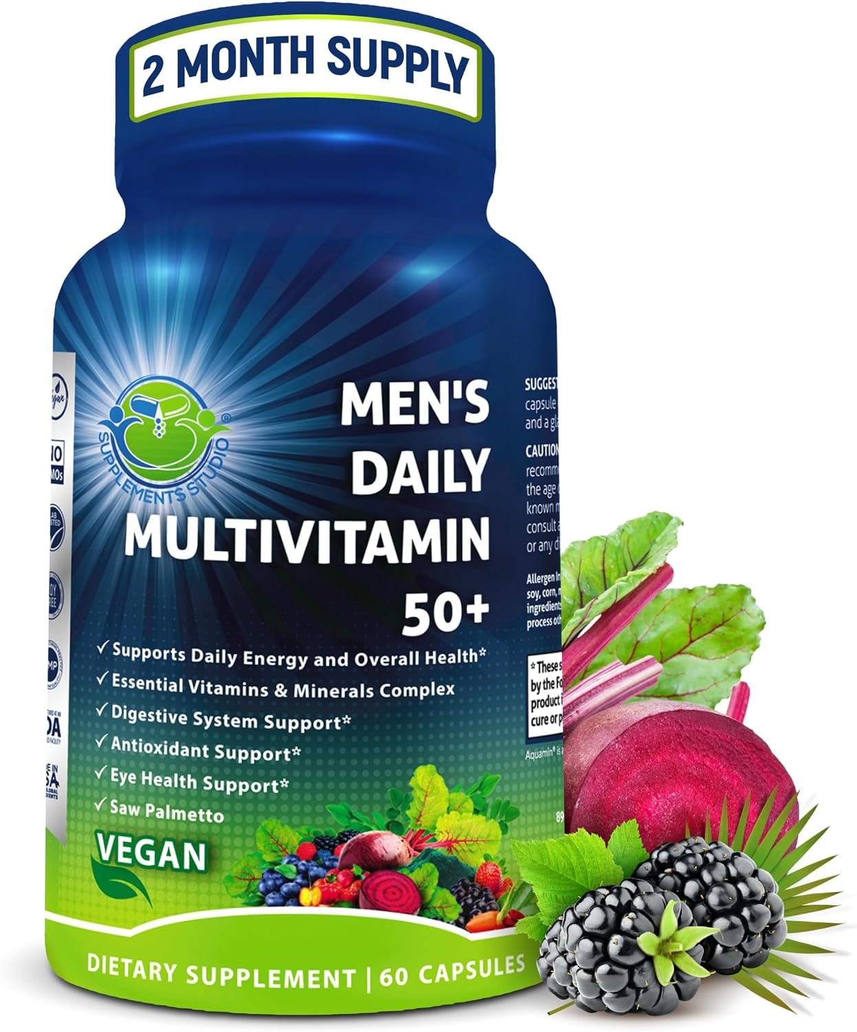 Men’s Daily Multivitamin 50 Plus – Vegan Methylated Multivitamin for Men 50 and Over – Saw Palmetto, Biotin, Organic Superfoods, Lutein – Eye, Energy, Gut, Health Support – Easy to Swallow Capsules