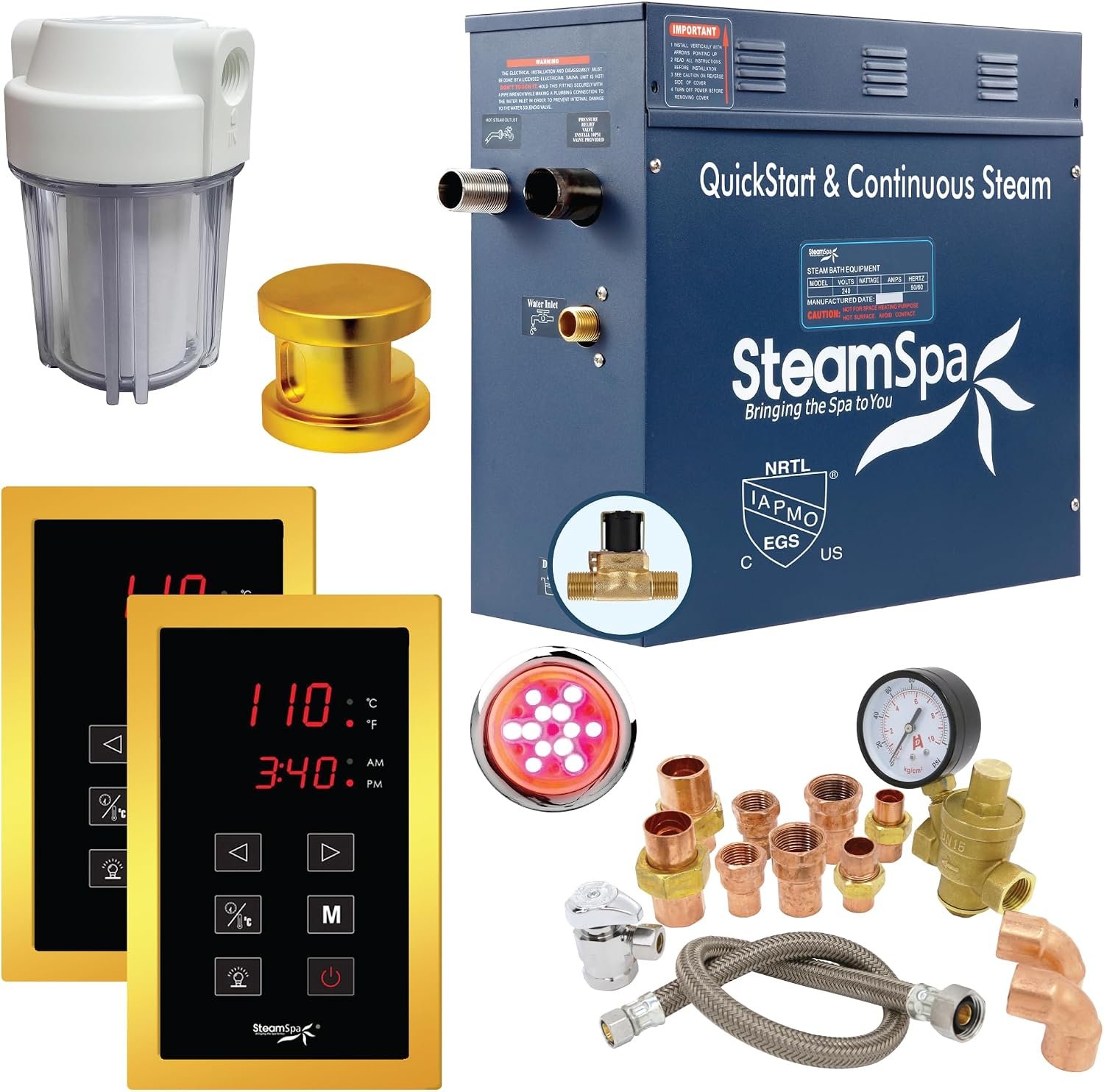 Executive 7.5 KW QuickStart ACU-Steam Bath Generator Package with Built-in Auto Drain and Install Kit Polished Gold, Steam Generator Kit with Dual Control Panel Steamhead 240V, (EXT750GD-A)