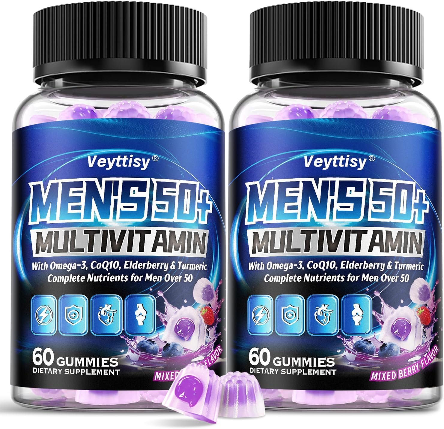 Sugar Free Multivitamin Gummies for Men 50 Plus – Methylated Multivitamin with Omega-3, CoQ10, Elderberry & Turmeric for Energy, Immune, Gut, Health Support – Vegan, Non-GMO, Gluten-Free
