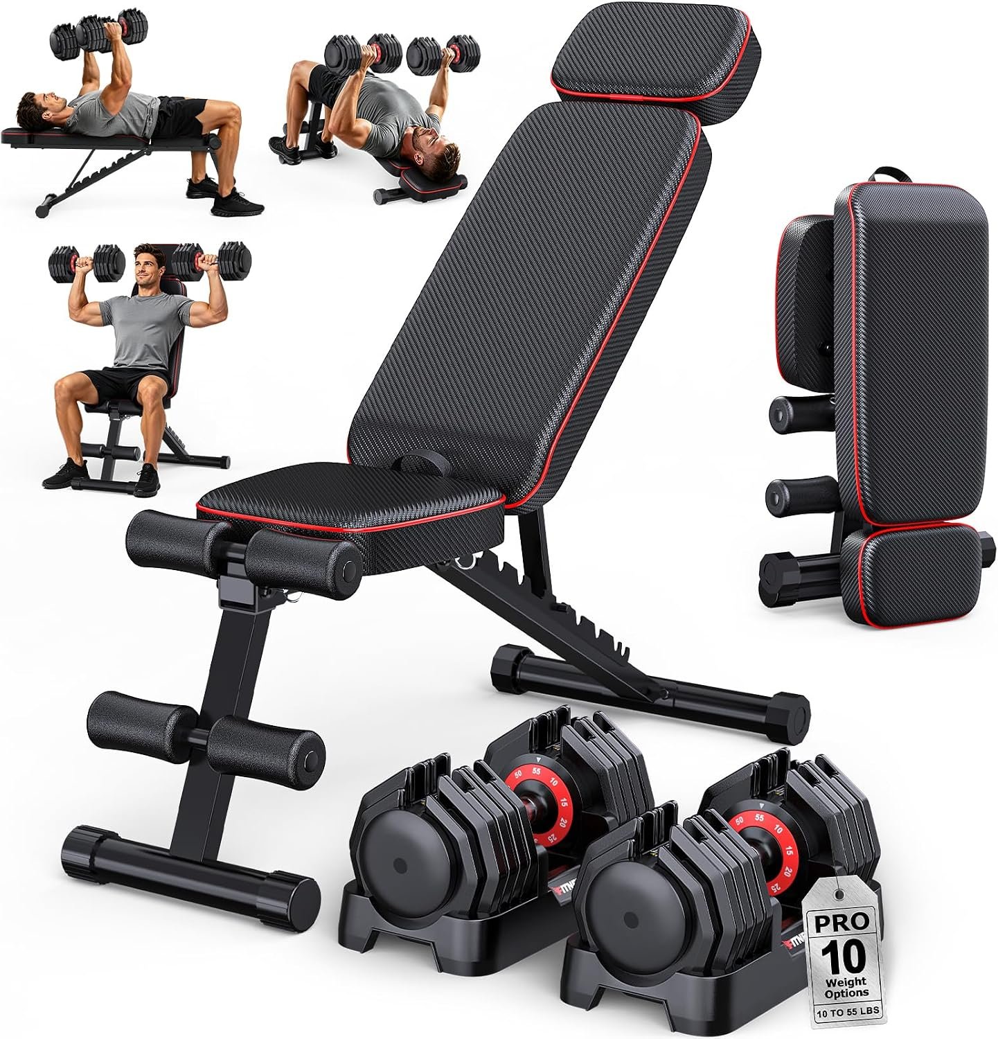 Adjustable Dumbbells Set of 2, 1 Hand Adjustable Weights Dumbbell Set and Workout Bench, 25/55/80lb Pair Weight Set For Home Gym Suit both Men and Women, Compact for Small Space Apartment Room