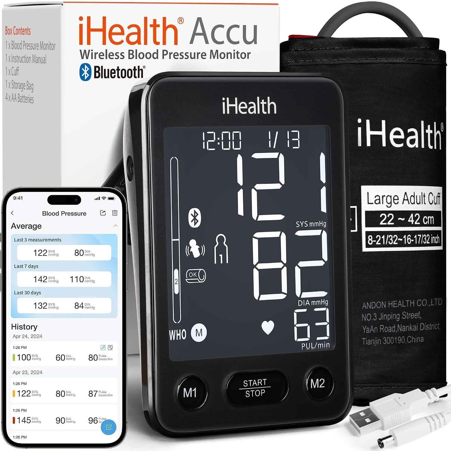 iHealth Accu Blood Pressure Monitor – 4.5″ Large LCD(Black), Clinically Accurate, Irregular Heartbeat Alert, Body & Cuff Detection, Bluetooth Sync, Large 8.6″–17″ Cuff – Easy for Seniors & Adults