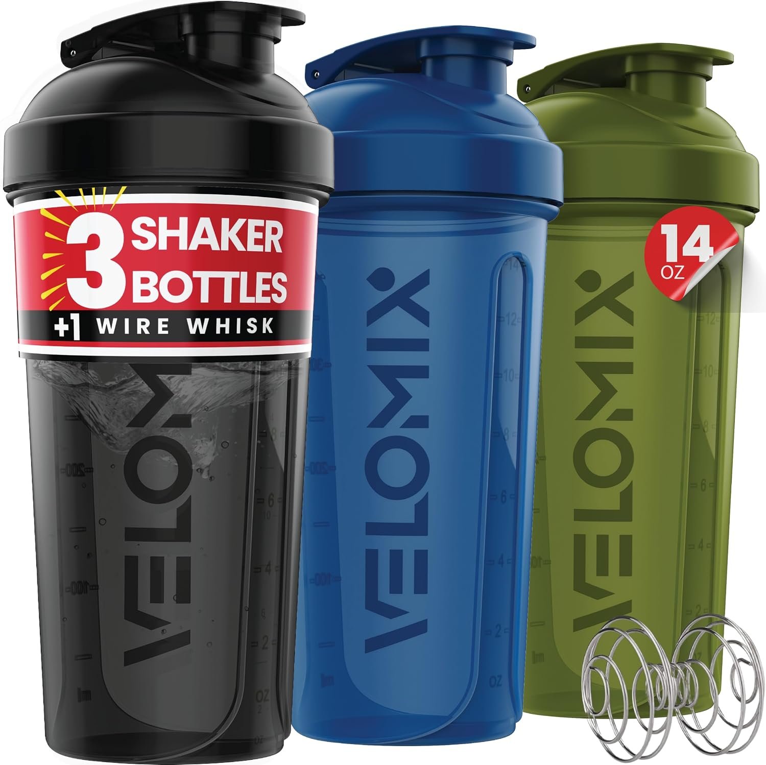 VELOMIX 3 Pack 14 oz Protein Shaker Bottle for Mixes – 1 Wire Whisk Ball | Stackable Leak Proof Cups | Dishwasher Safe, BPA-Free