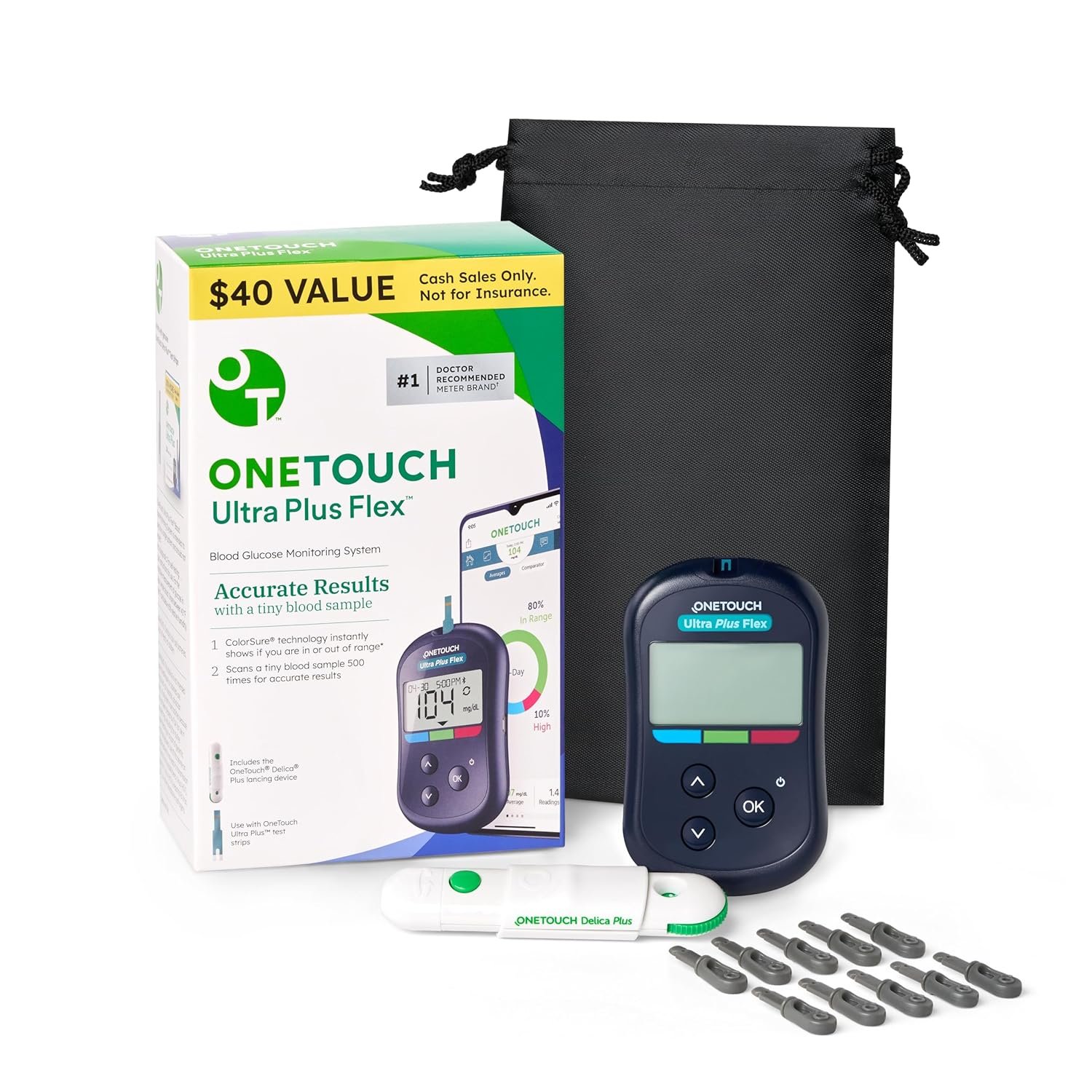 OneTouch Ultra Plus Flex Bonus Kit – Includes Ultra Plus Flex Blood Glucose Meter, 10 Lancets, Lancing Device & Carrying Pouch – Diabetes Care Supplies