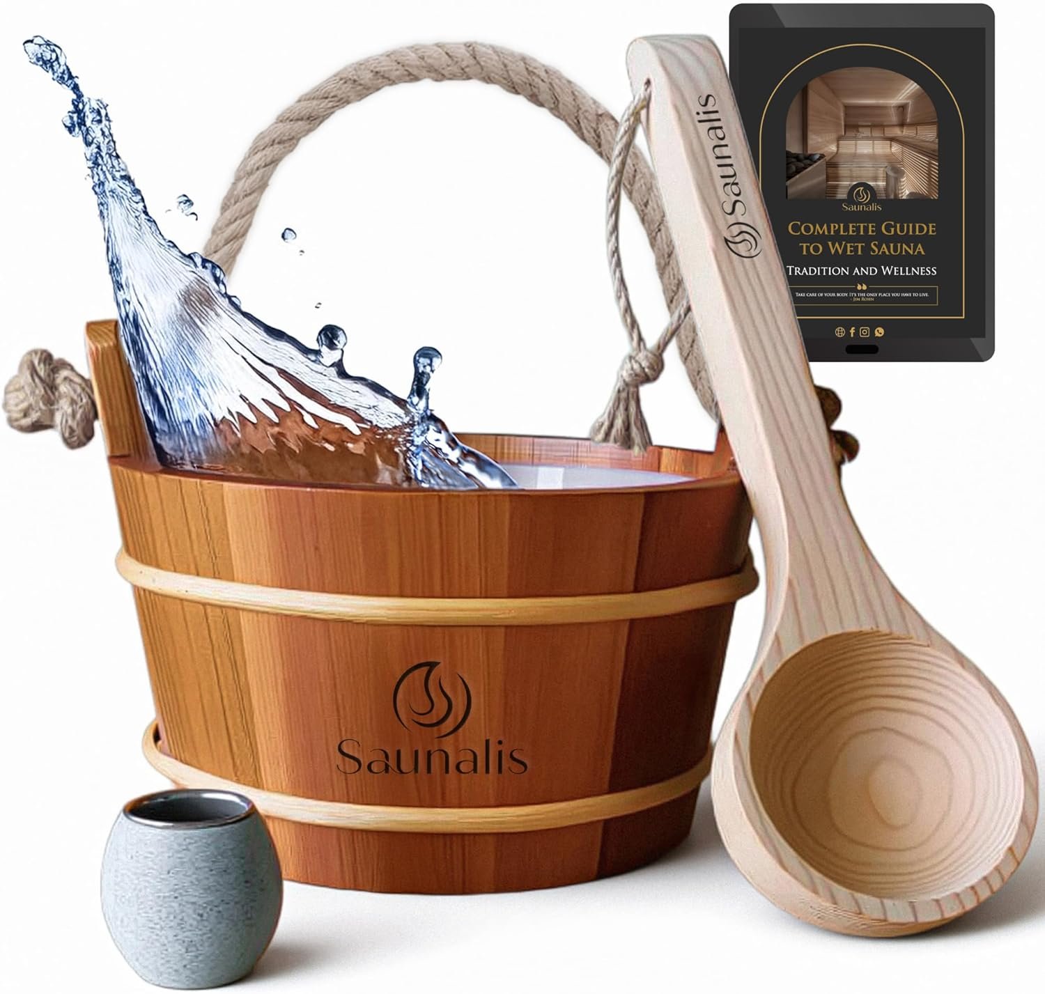 Sauna Bucket and Ladle Set – Canadian Red Cedar Wood – 1 Gallon (4L) Wooden Sauna Water Bucket with Liner & Rope Handle – Includes Aromatherapy Diffuser Cup – Traditional Finnish Sauna Accessories