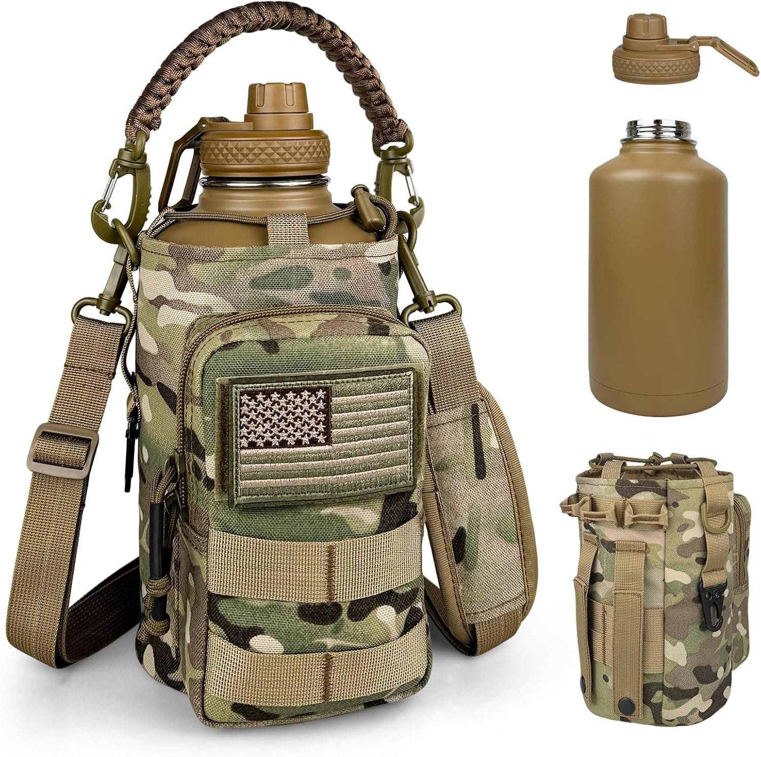 DEFUNX Half Gallon Water Bottle Insulated with Sleeve – Tactical 64 oz Stainless Steel Water Jug with MOLLE Water Bottle Pouch, Gym Water Bottles for Men Hiking Workout (CP Camo)