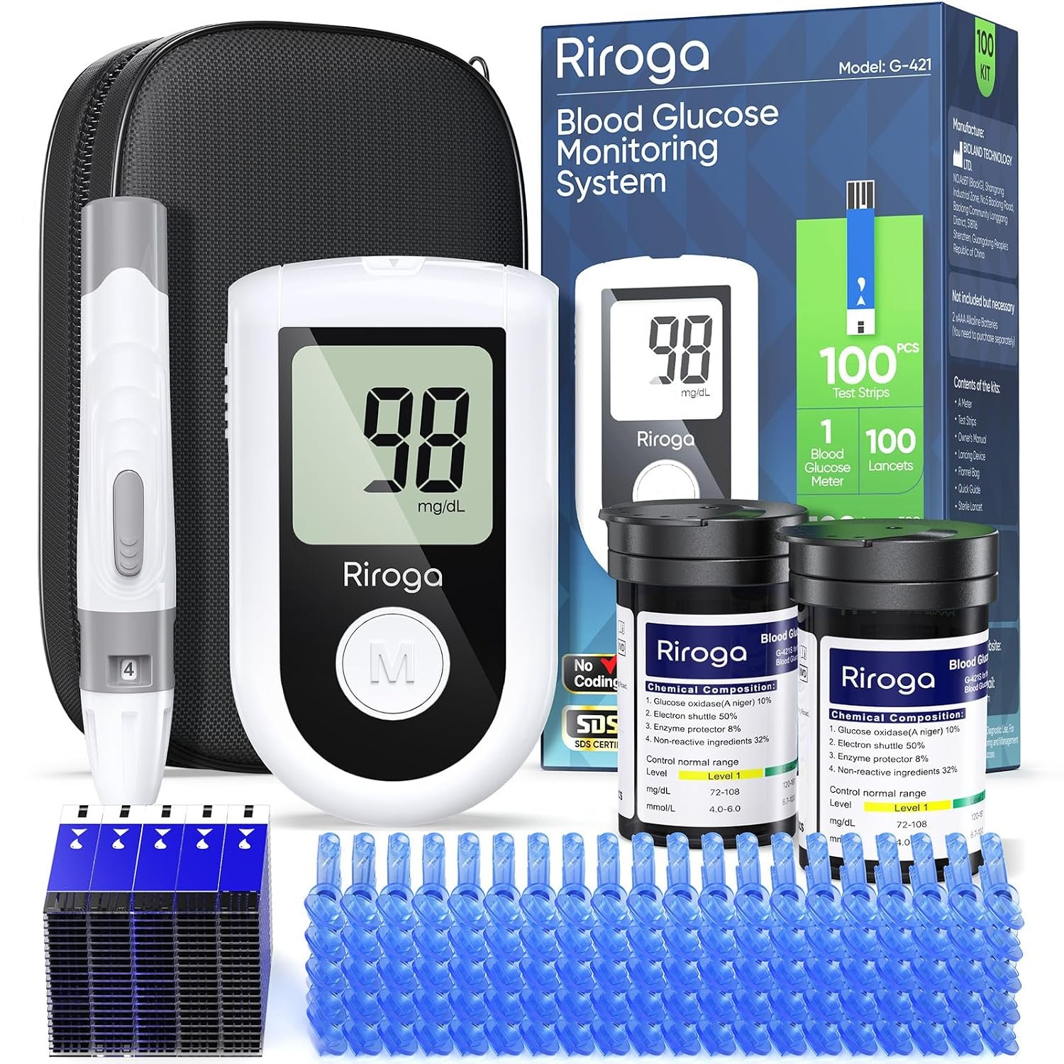 Blood Glucose Monitor Kit with 100 Glucometer Strips, 100 Lancets, 1 Blood Sugar Monitor,Blood Sugar Test Kit for Home Use,Travel Case for Blood Glucose Monitor Kit,Lancing Device, No Coding