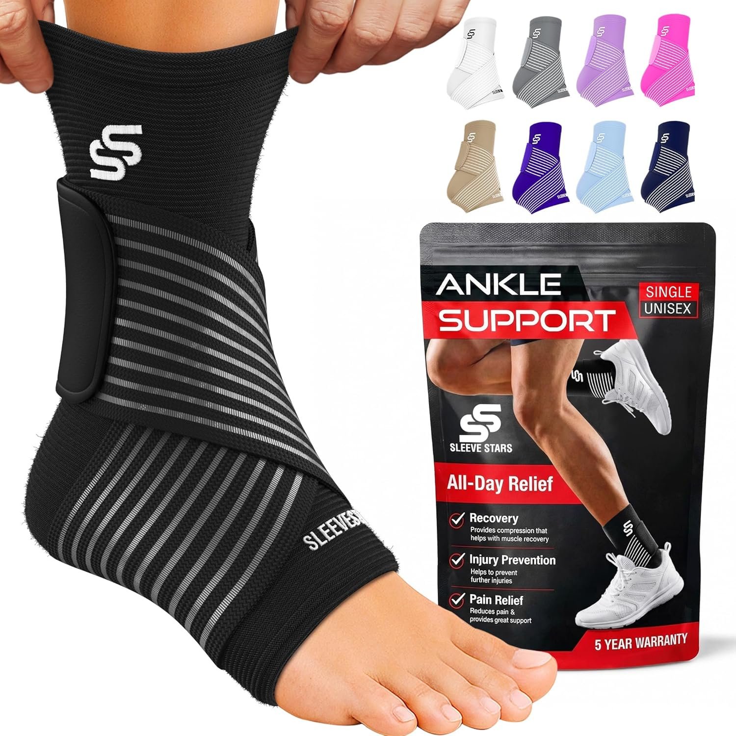 Sleeve Stars Ankle Brace for Women & Men, Ankle Wrap for Sprain, Compression Sleeve for Plantar Fasciitis Relief, Easy Customizable Support: w/ Removable Strap (Single/M:10″-12″/Black)