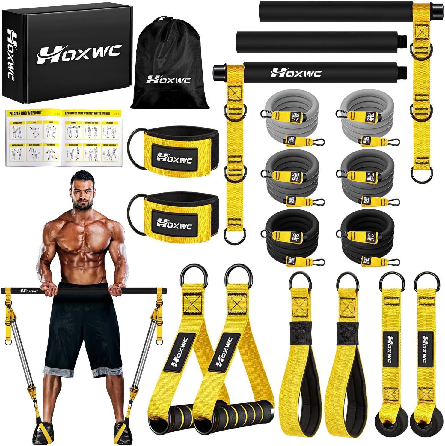 HOXWC Heavy Pilates Equipment, Portable Pilates Bar Kit with Resistance Bands, Professional Adjustable Squat Workout Equipment for Men, Home Gym Muscle Strength Training, Full Body Exercise