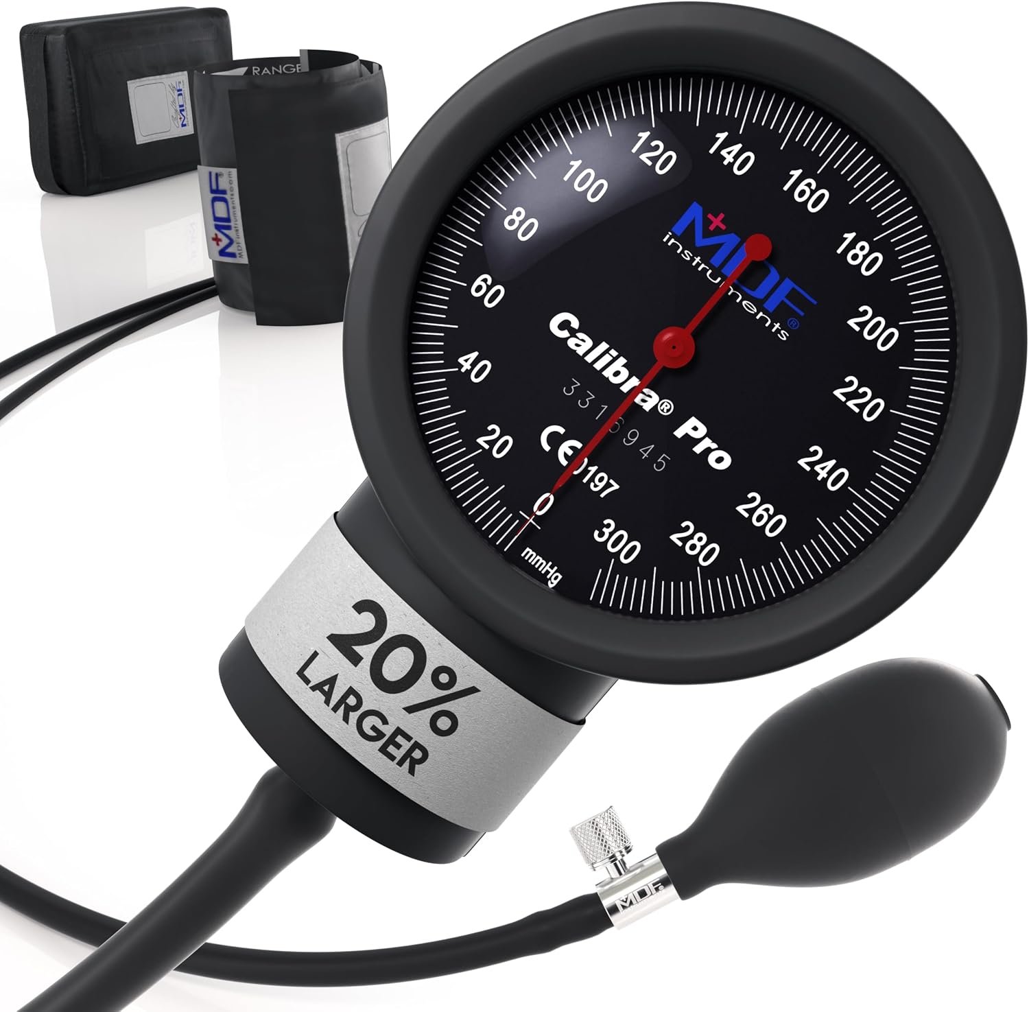 MDF Instruments, Extra Large Gauge Calibra Pro Aneroid Sphygmomanometer with Shock Guard and Adult Sized Arm Band Included, Lifetime Calibration, Black Dial, Onyx Arm Band, MDF808B11