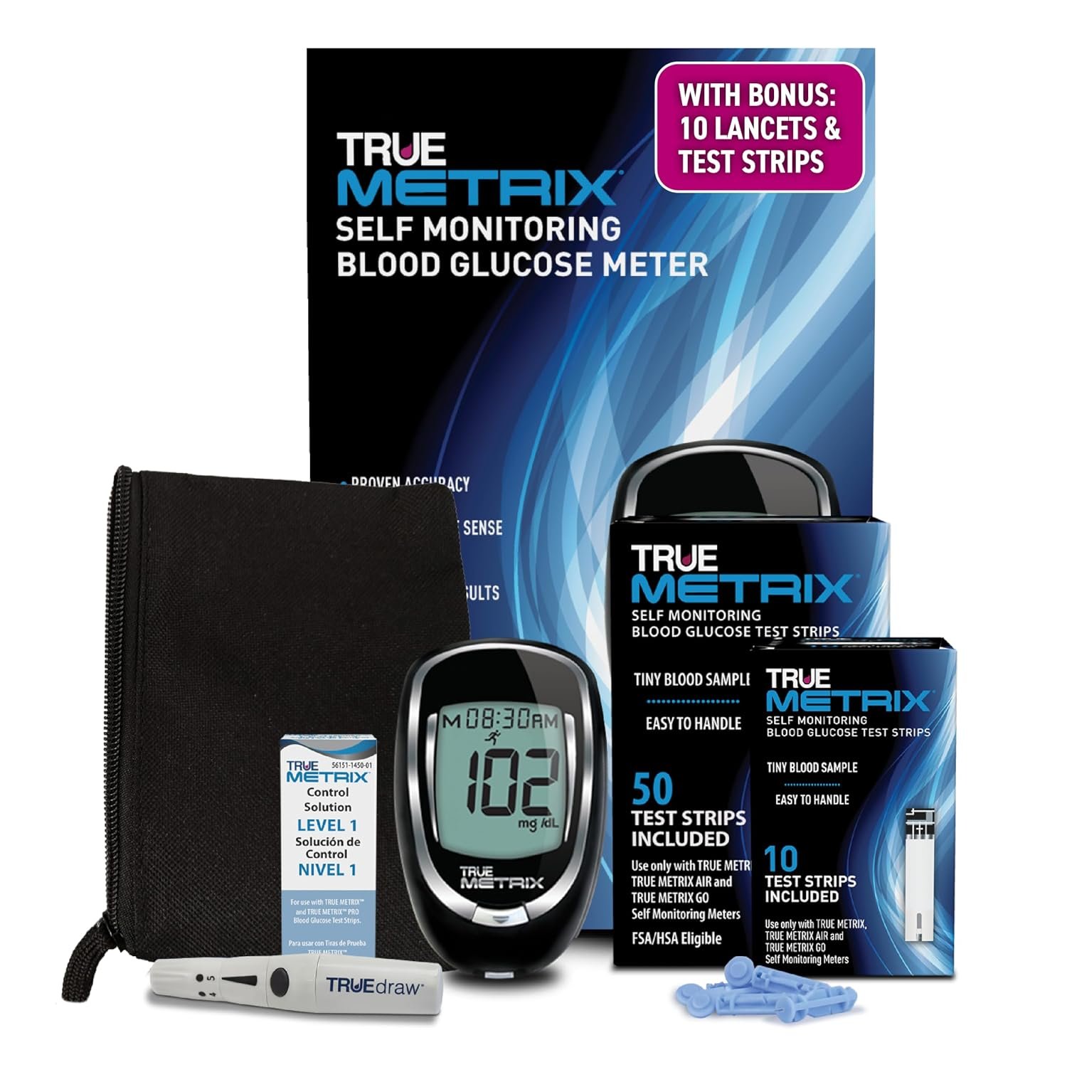 TRUE METRIX Meter Kit Bundle – Blood Glucose Meter, Case, 60 Test Strips, 10 Lancets, Lancing Device, Control Solution – Fast, Easy Testing Supplies for Home Use