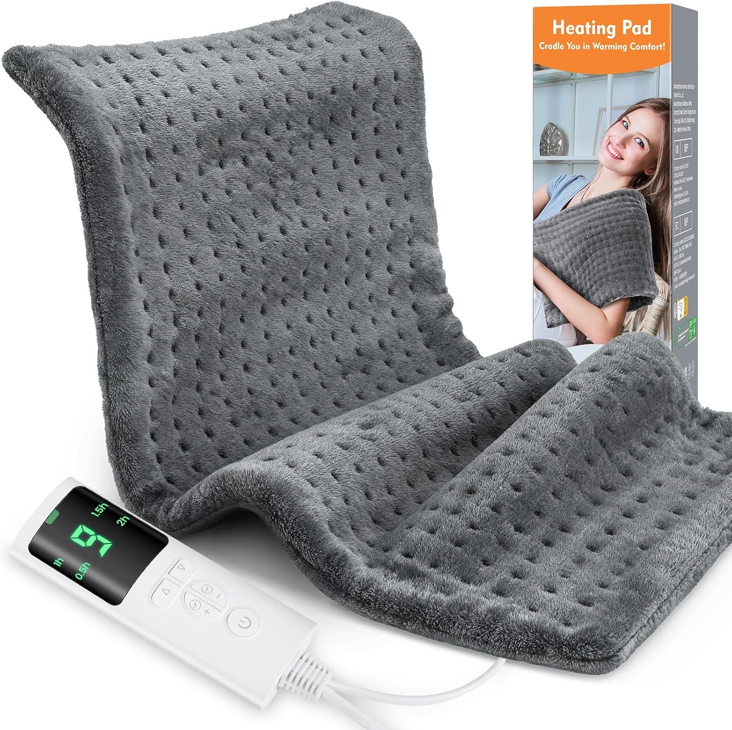 Heating Pad for Back Pain, Electric Heat Pad with 9 Heat Levels & 4 Auto-Off Timers, Portable Heating Pad for Period Cramps, Shoulder, Neck, Machine Washable, Gifts for Women and Men, Grey, 24”×12”