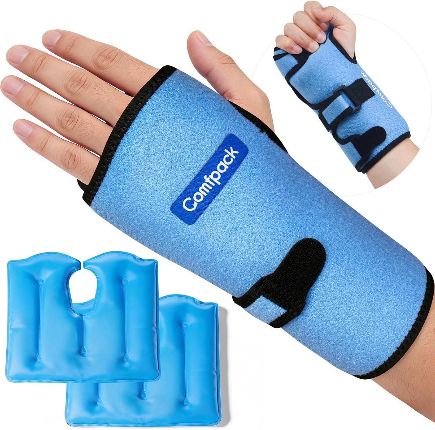Comfpack Wrist Ice Pack Wrap Wrist Brace Compression Sleeve for Carpal Tunnel Relief, 2 Gel Ice Packs for Injuries Reusable, Hot Cold Therapy for Sprain, Hand Surgery, Gifts for Men Women