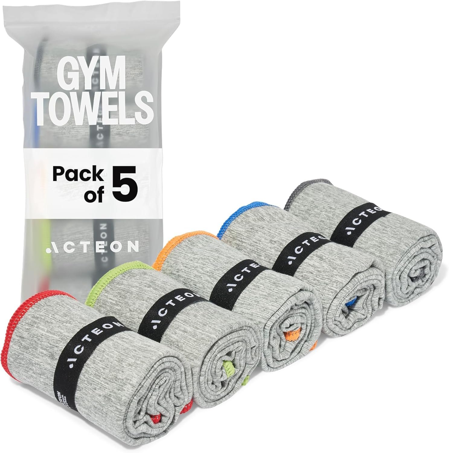 Acteon Microfiber Gym Towels 5 Pack, Quick Dry Silver ION Odor-Free Sweat Towel, Super Absorbent Fast Drying for Men & Women, Workout, Yoga, Running, Hiking, Travel – 16×30.5 Inch