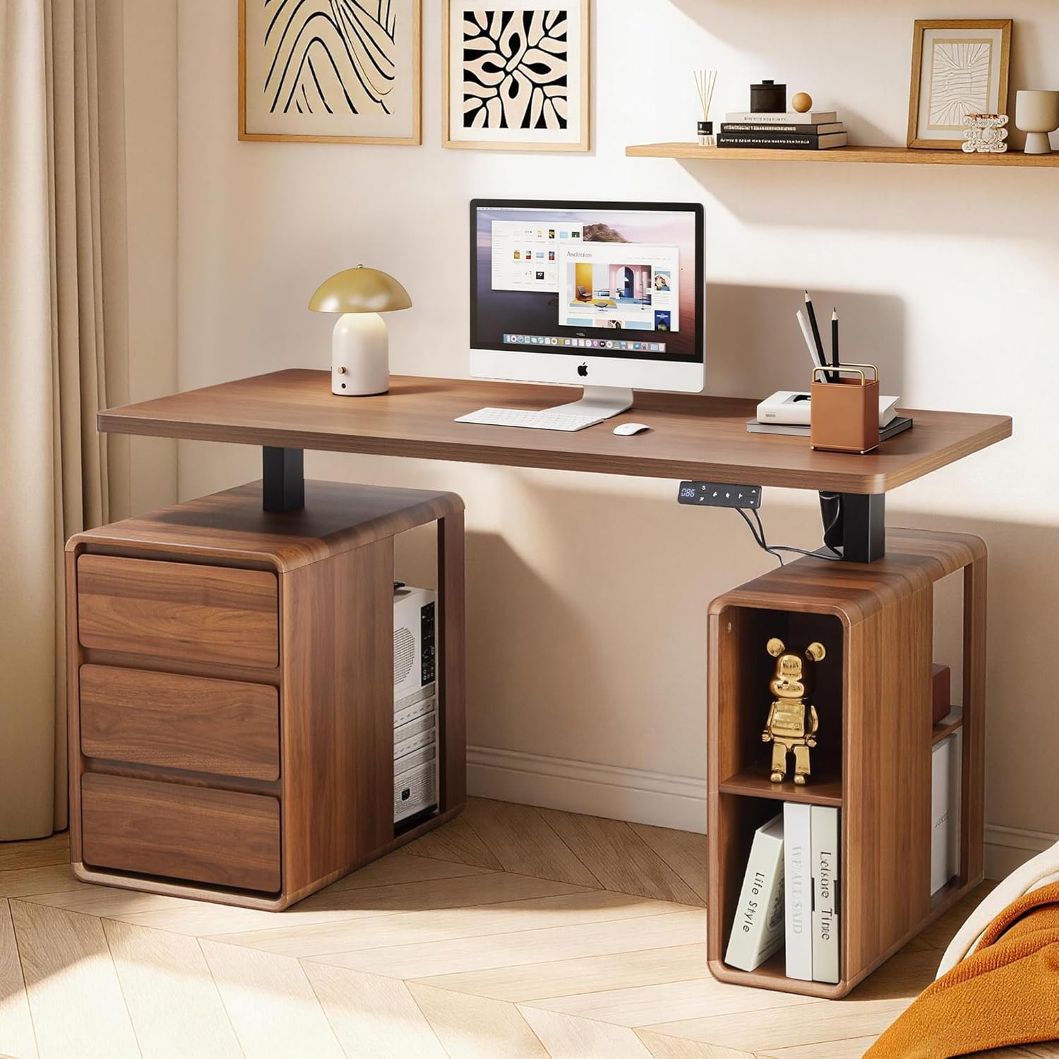 Electric Standing Desk with Drawers, 55″ Office Desk Height Adjustable Executive Desk with Storage Shelves, Simple Setup Wood Desk Home Office Stand up Desk for Work, Study, Writing, Walnut